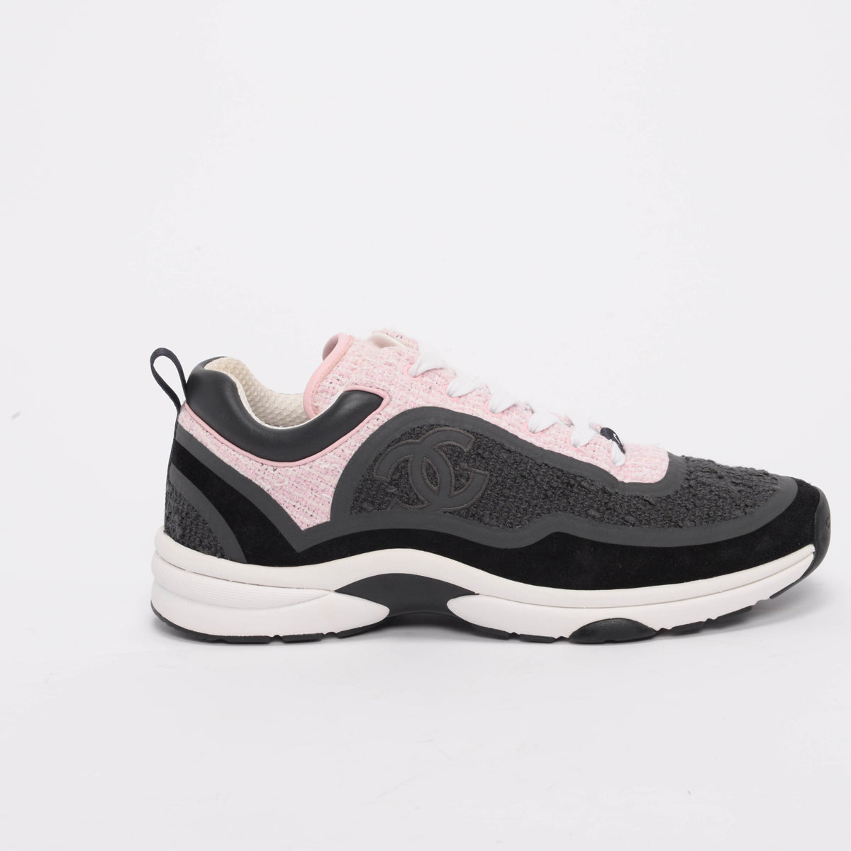 Chanel Grey & Pink Tweed Cc Sneakers 42