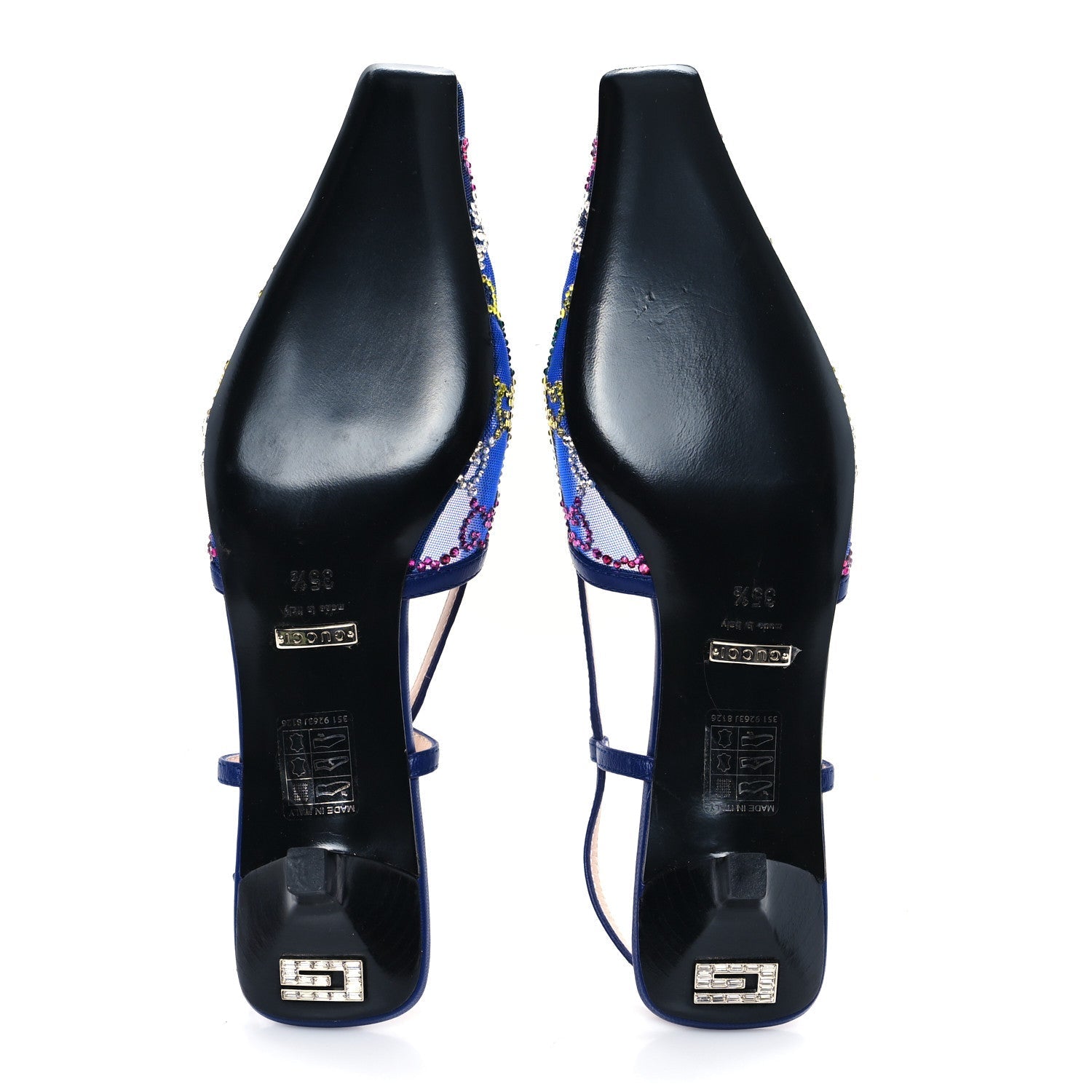 Gucci Tela Retino Nappa Charlotte Crystal GG Monogram Square G 35mm Slingback Pumps 35.5 Splash Net Blue Witch