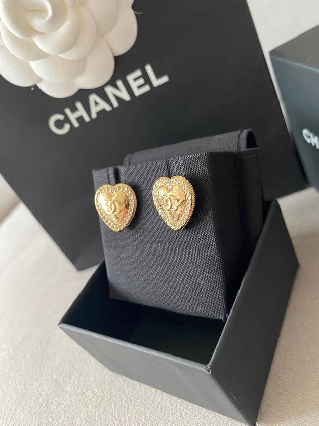 CC Logo Heart Stud Earrings Gold Chanel
