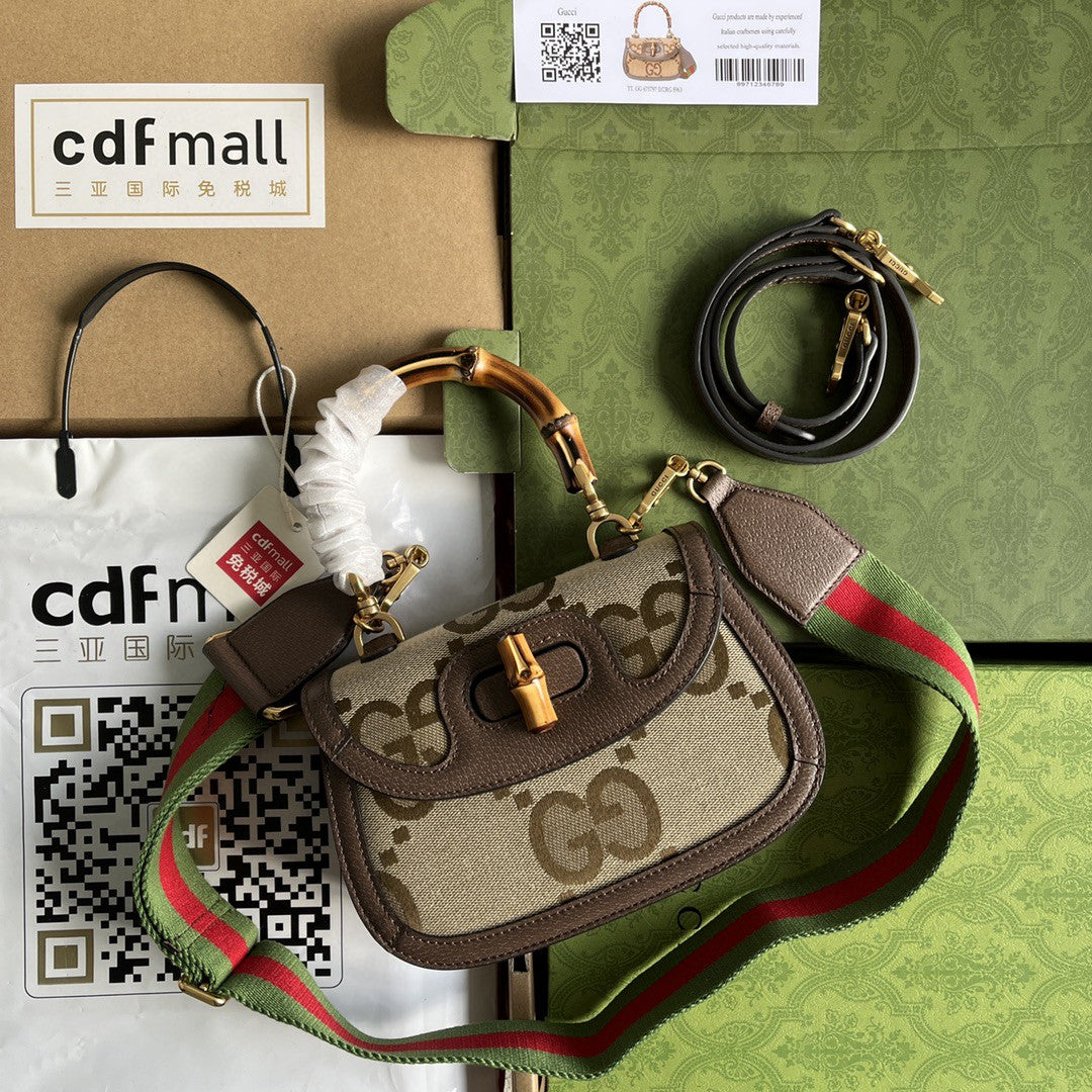 gg Bamboo Jumbo gg Camel Canvas Brown Small Top Handle Travel Bag