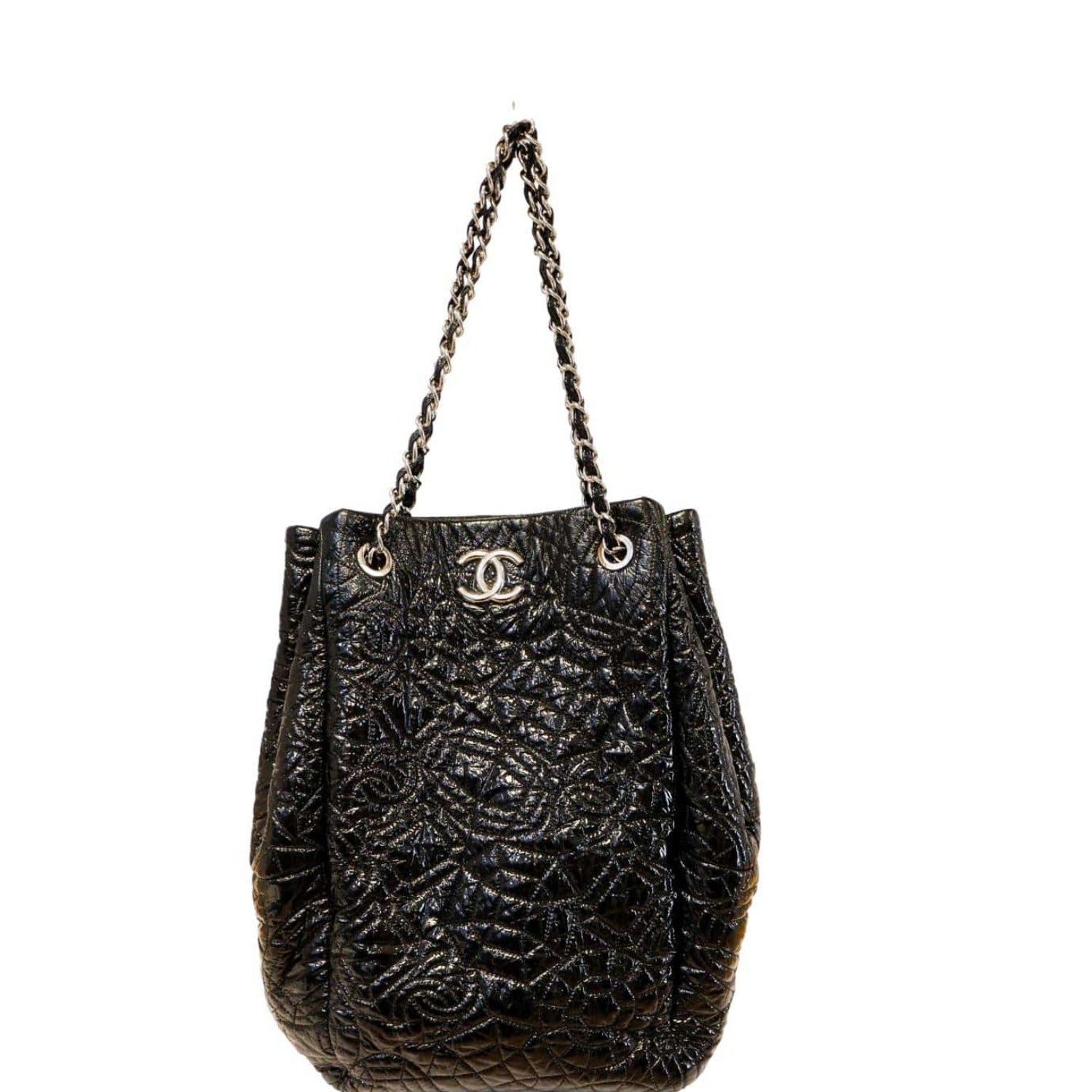 Chanel Camellia Embossed Vinyl Leather Black Travel Bag