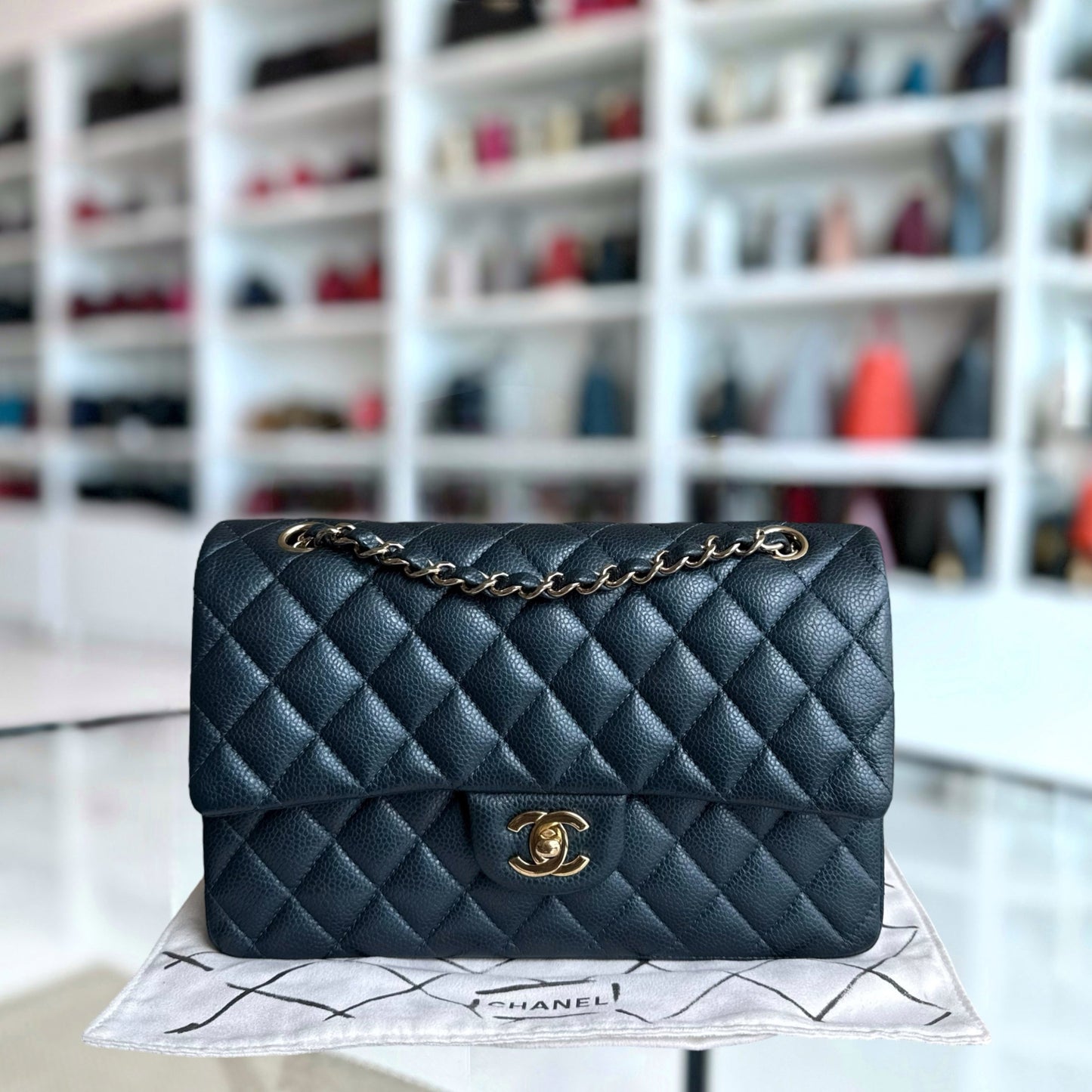 Chanel Classic Flap Medium - Caviar 25CM Quilted Iridescent Dark Blue Gold Hardware Series 25