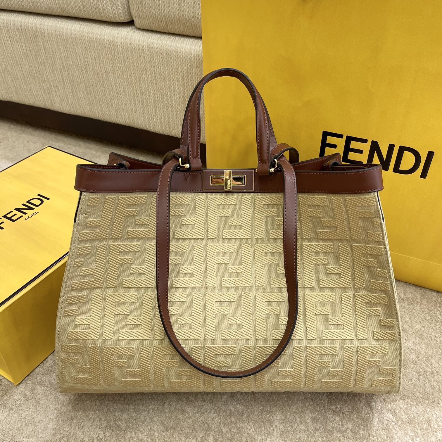 Fendi Ff Canvas Beige Shoulder Bag