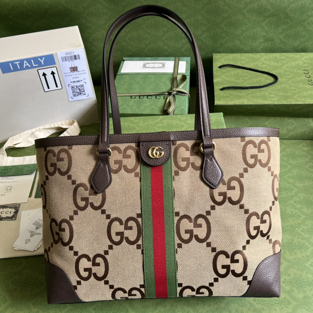 gg Ophidia Jumbo gg Camel Canvas Medium Tote Bag
