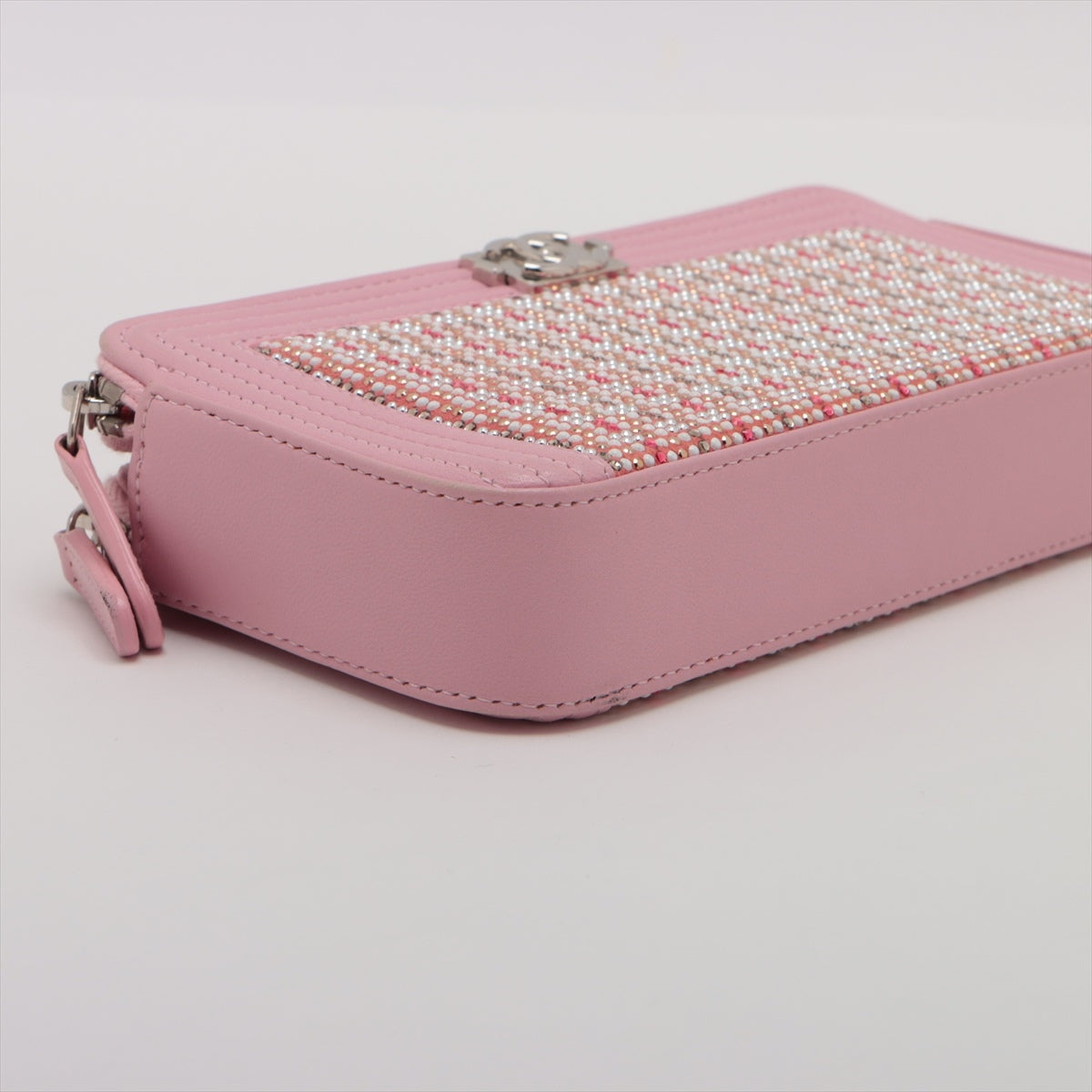 Chanel Boy Chanel Leather X Line Stone Chain Wallet Pink Silver G  23rd