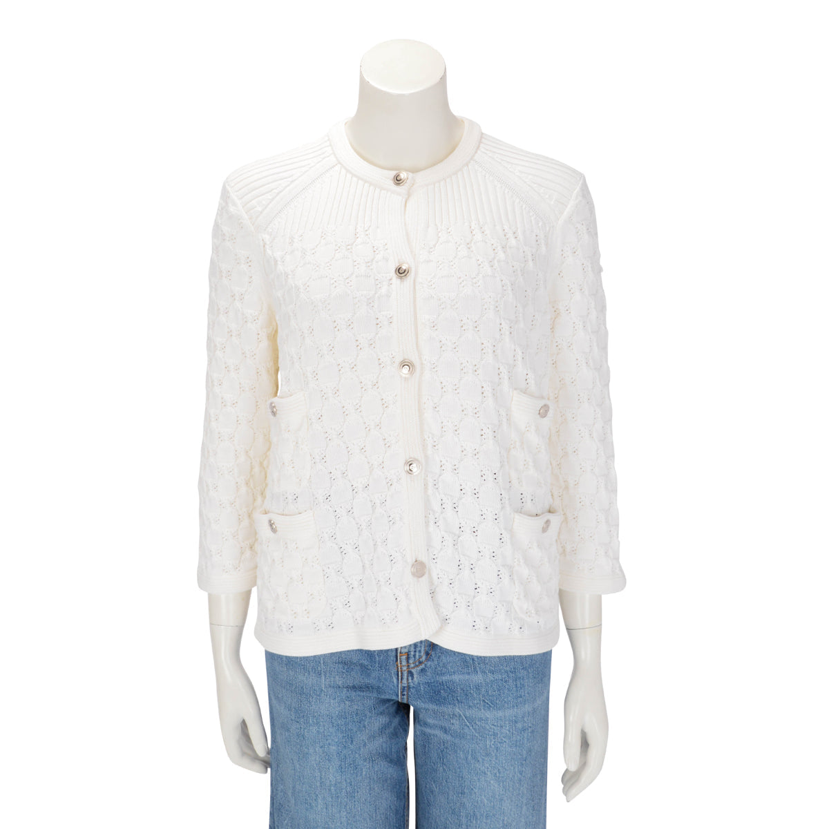 Chanel White Crochet Knit Four Pocket Cardigan Fr 48 Bag