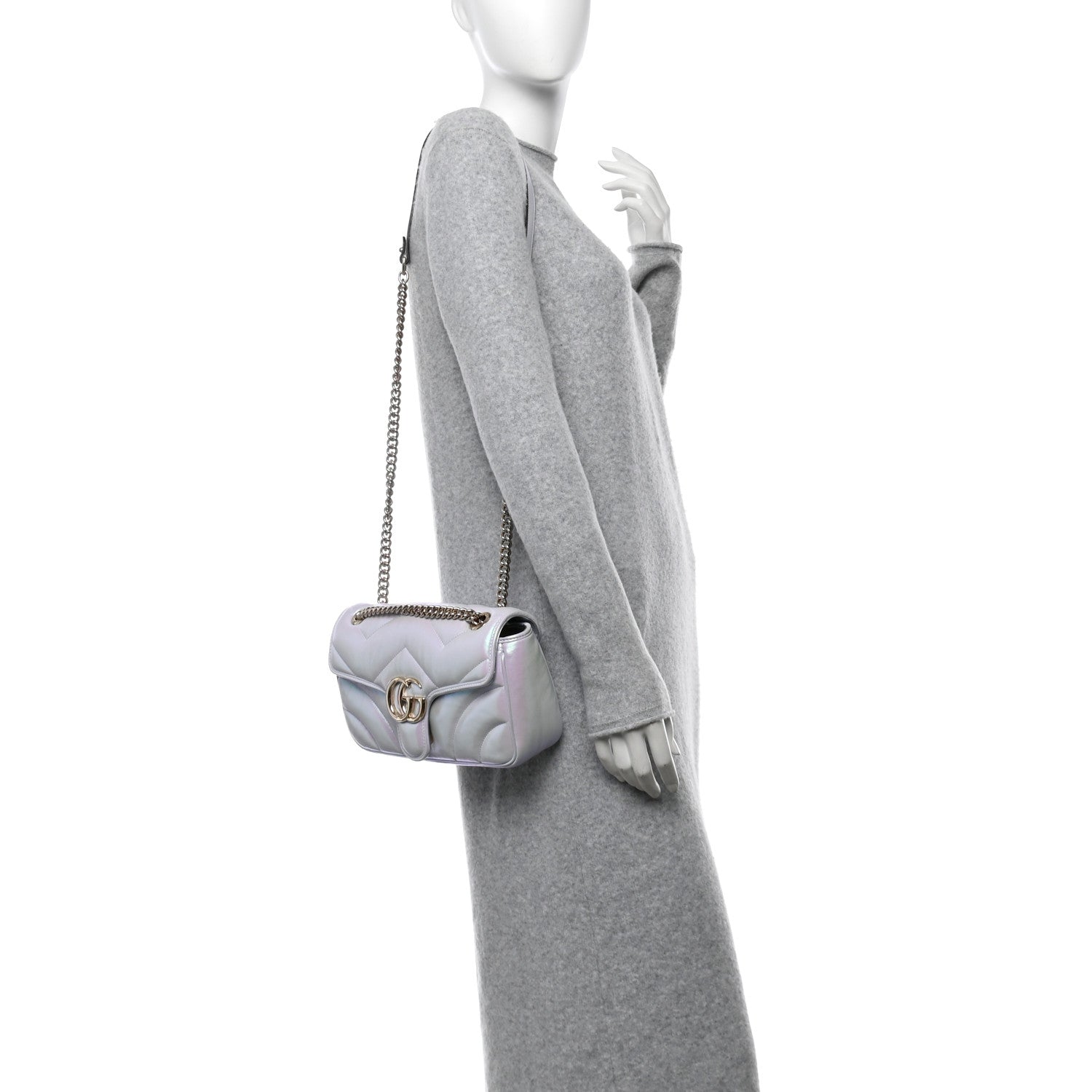 Gucci Iridescent Nappa Chevron Matelasse Small GG Marmont Shoulder Bag Iridescent Snow Light Blue