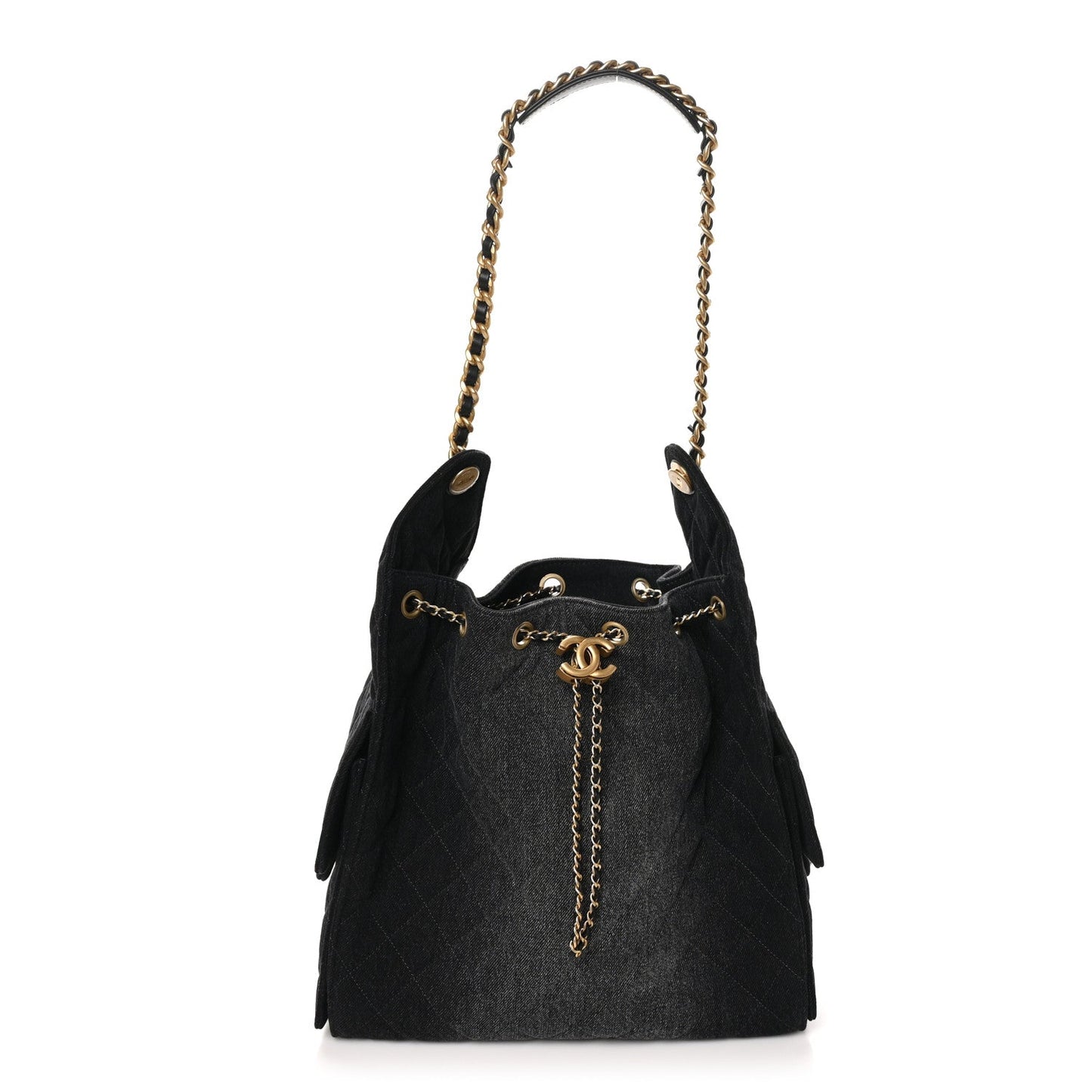 Washed Denim Quilted Medium Chanel 25 Handbag Black 3