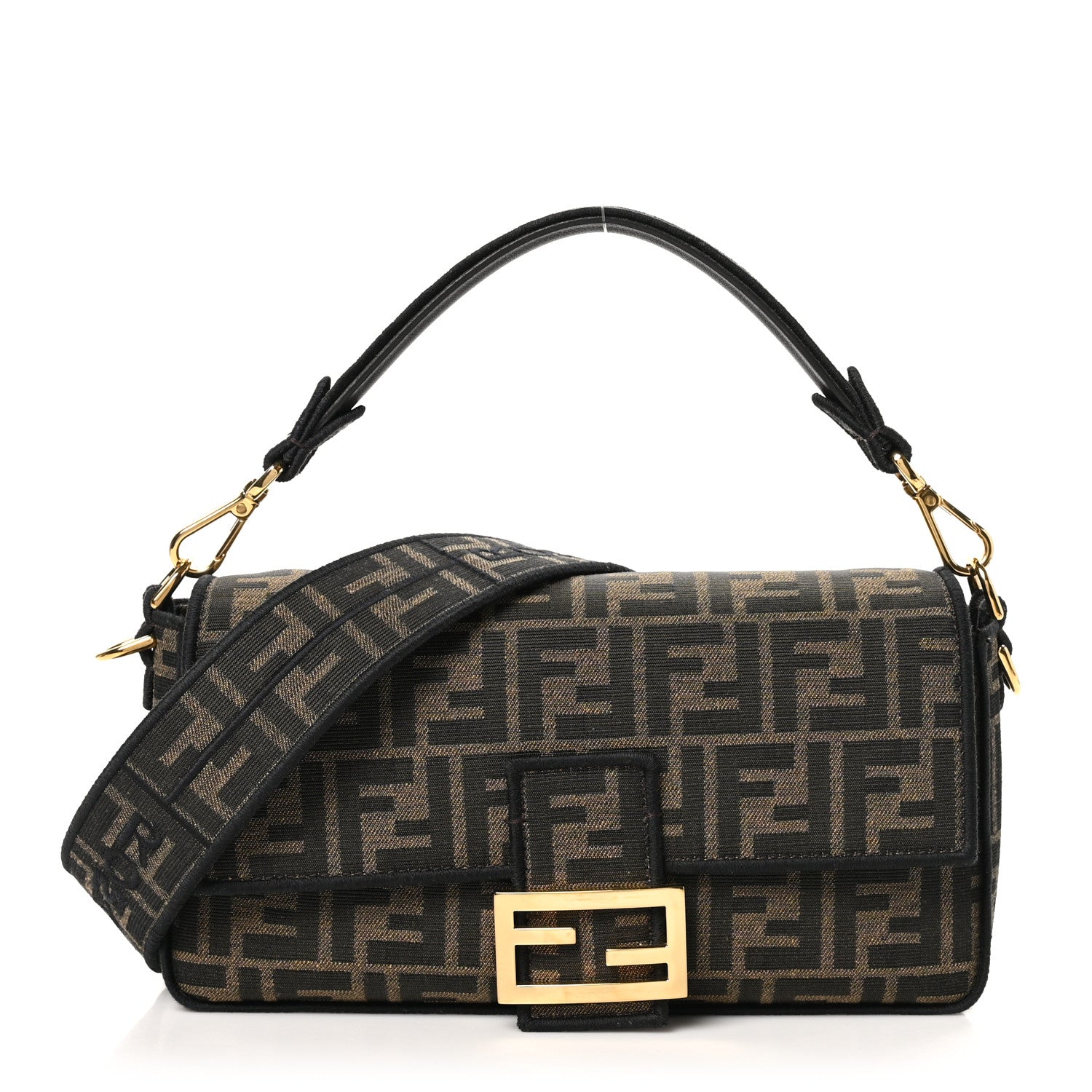Fendi Handbag Fabric Jacquard FF Baguette Tobacco Moro Black Medium Shoulder Bag