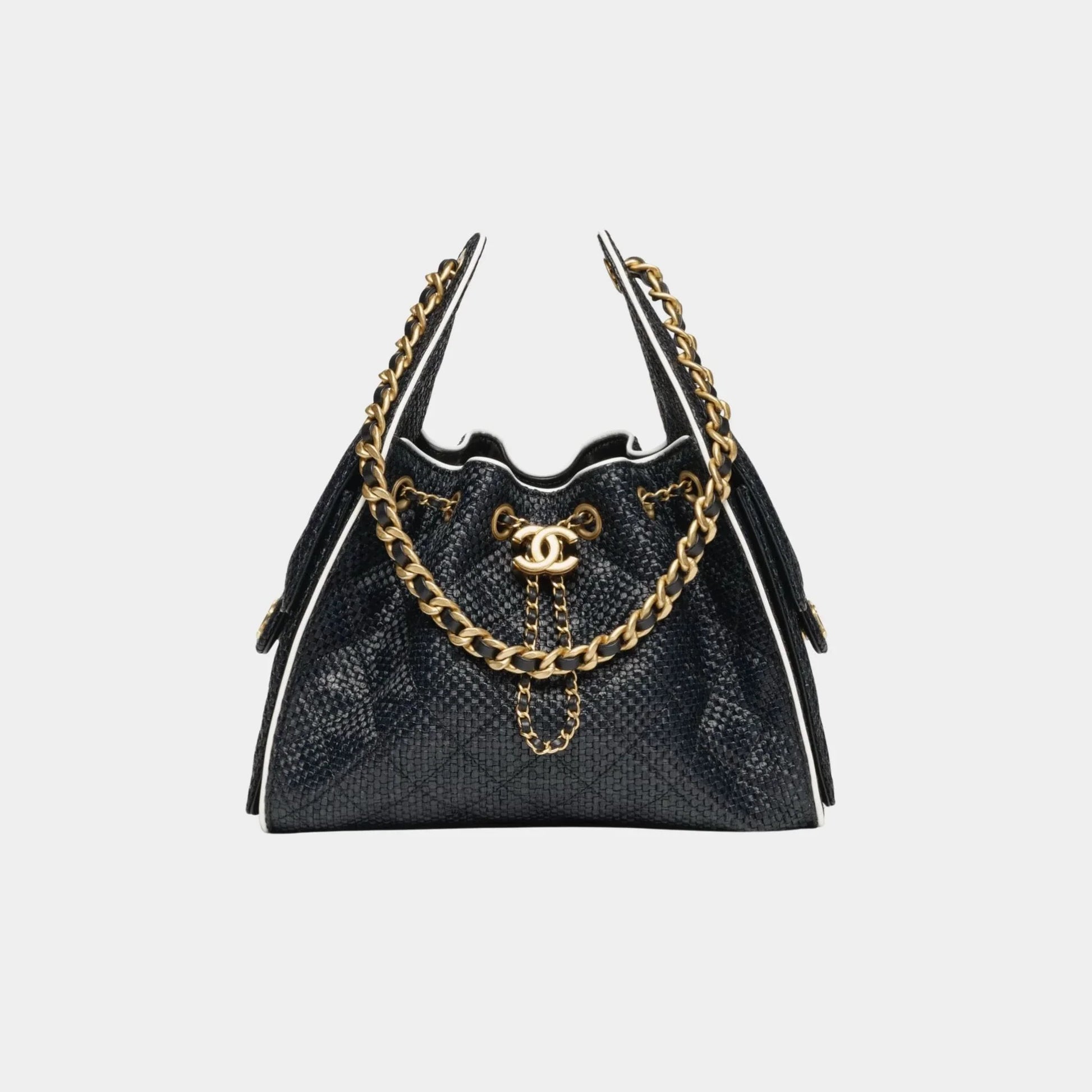 Chanel 25 Small Handbag Braided Raffia Calfskin & Gold Tone Metal