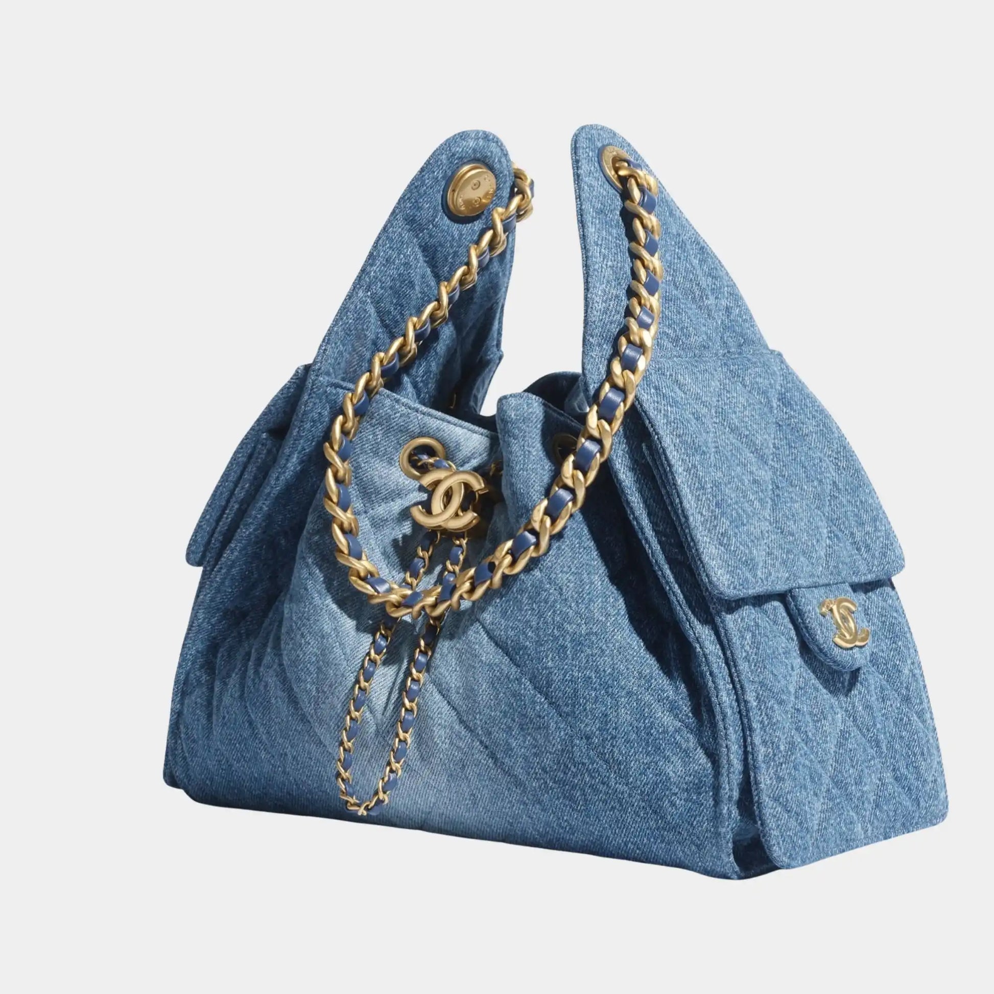 Chanel 25 Small Handbag Washed Denim & Gold Tone Metal