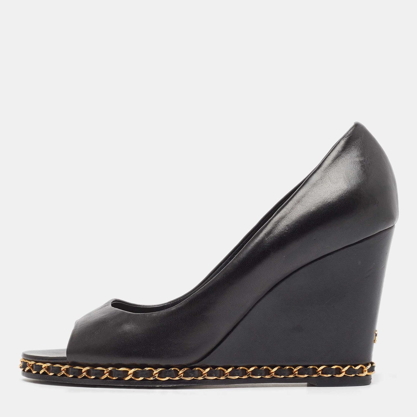 Chanel Black Leather Chain Me Peep Toe Wedge Pumps Size 39 RJC4310