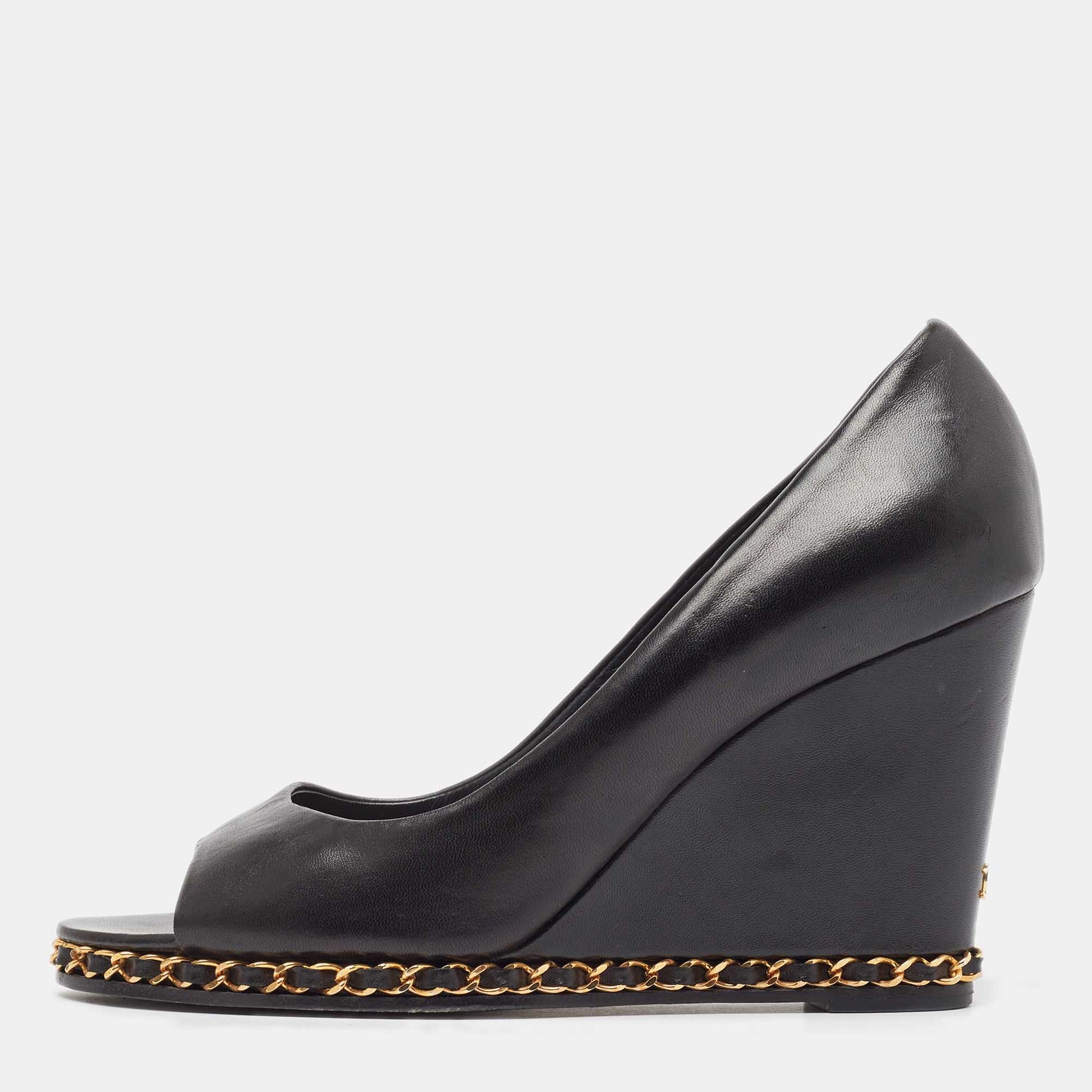 Chanel Black Leather Chain Me Peep Toe Wedge Pumps Size 39 RJC4310