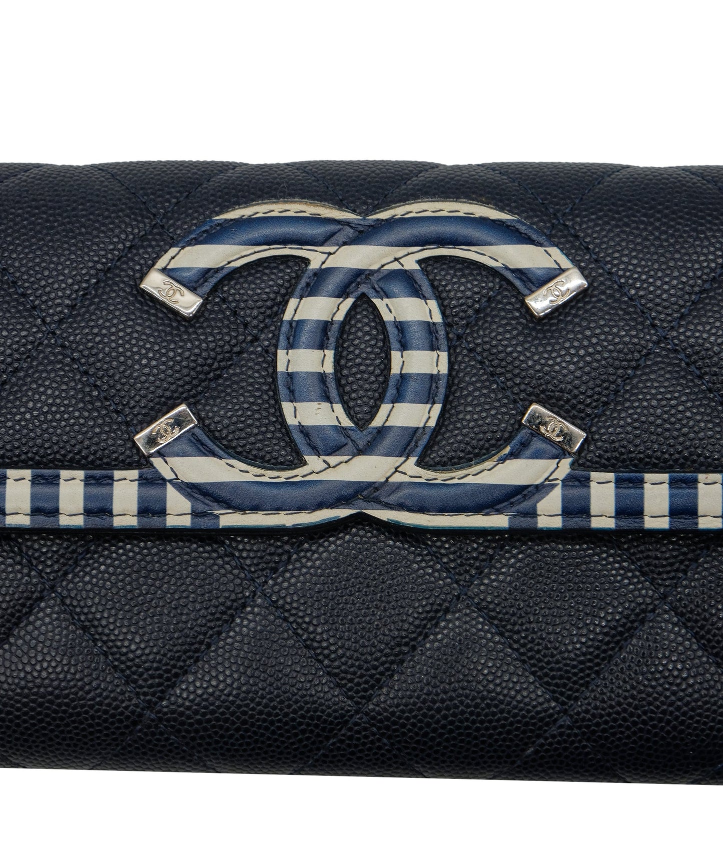 Chanel Matelasse Cruise Line Long Wallet Caviar Skin Navy CC Auth 29542A DXBS0329
