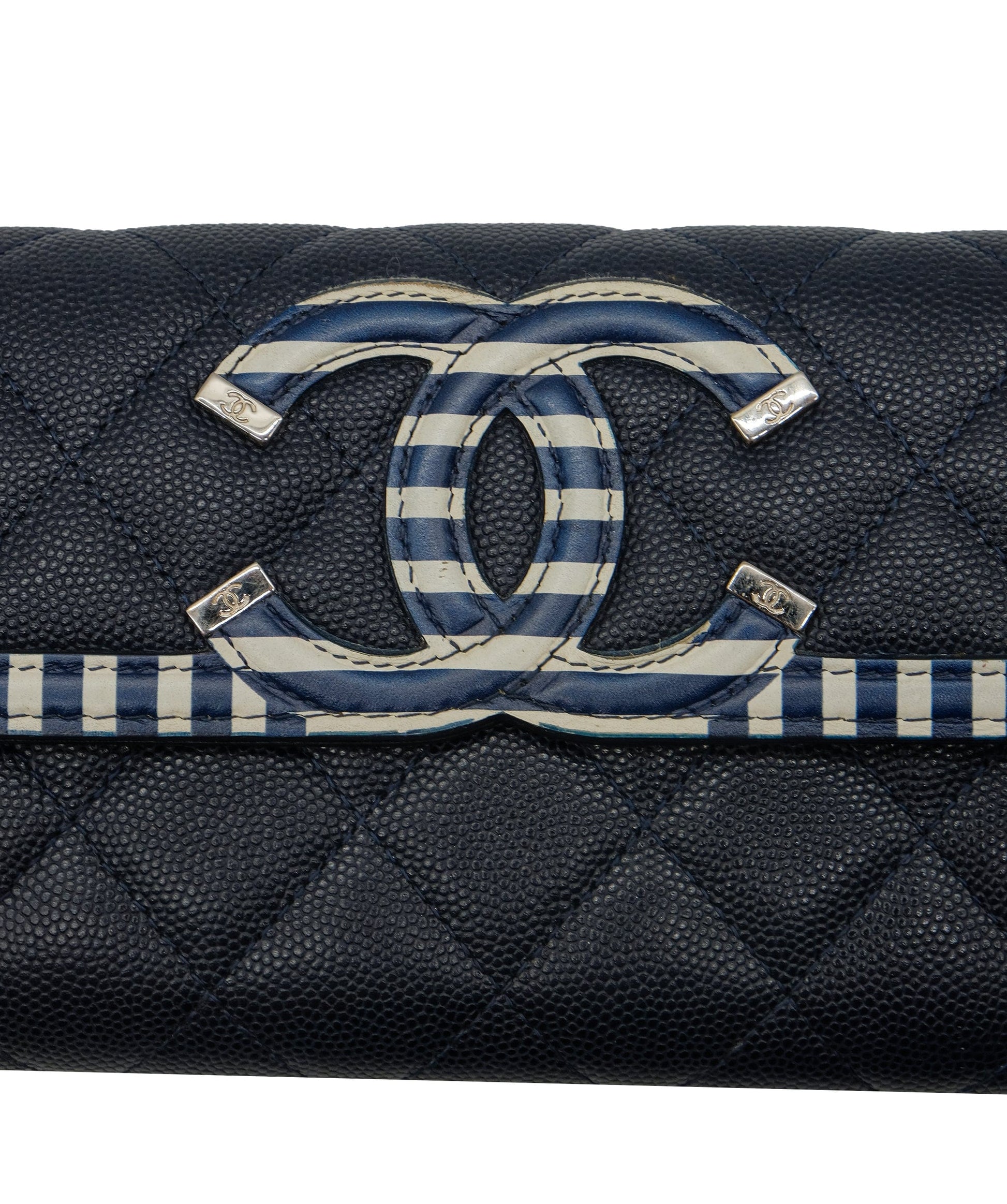 Chanel Matelasse Cruise Line Long Wallet Caviar Skin Navy CC Auth 29542A DXBS0329