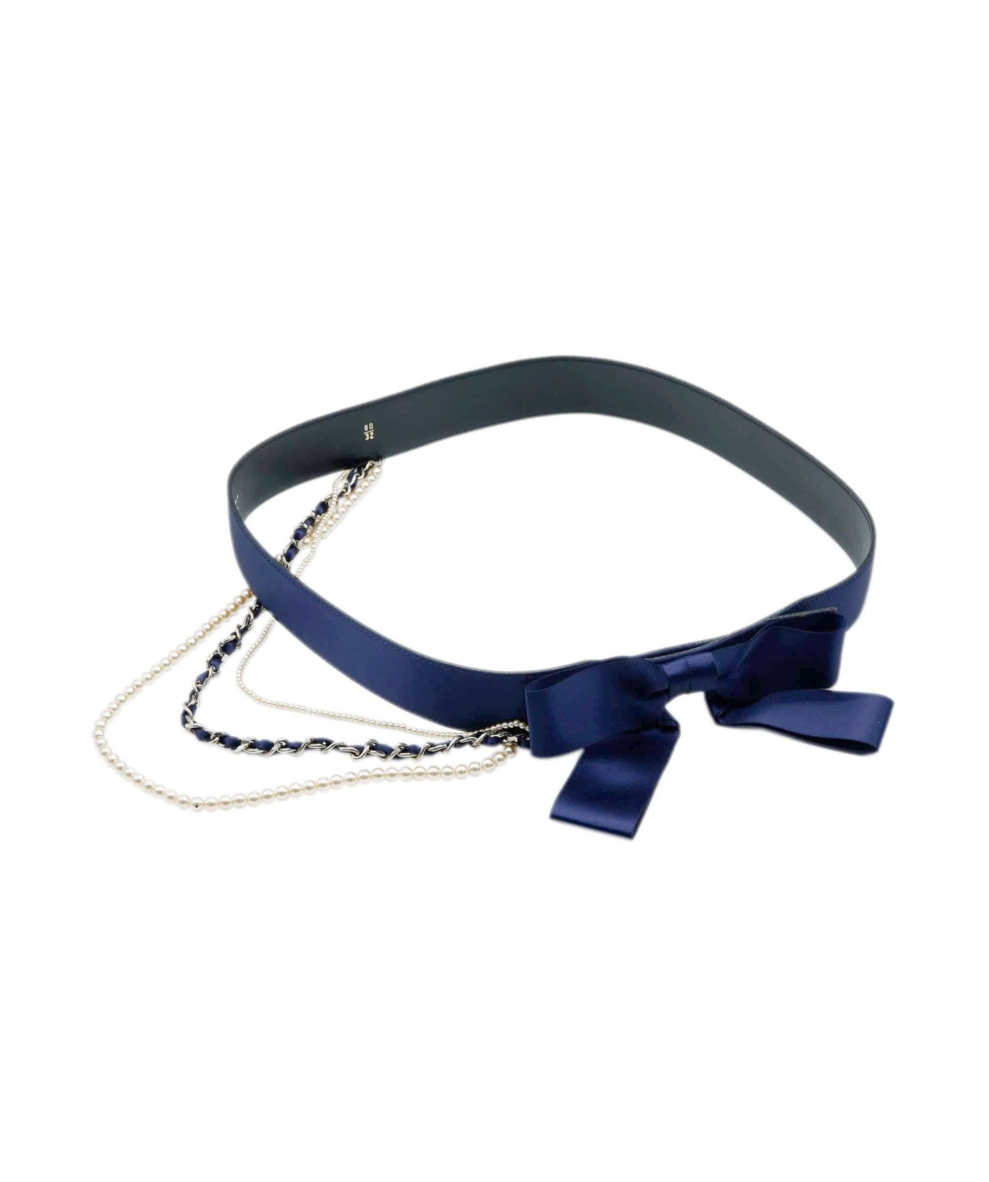 Chanel Belt Navy Satin Bow and Pearl Detail Size 80 AGC1472