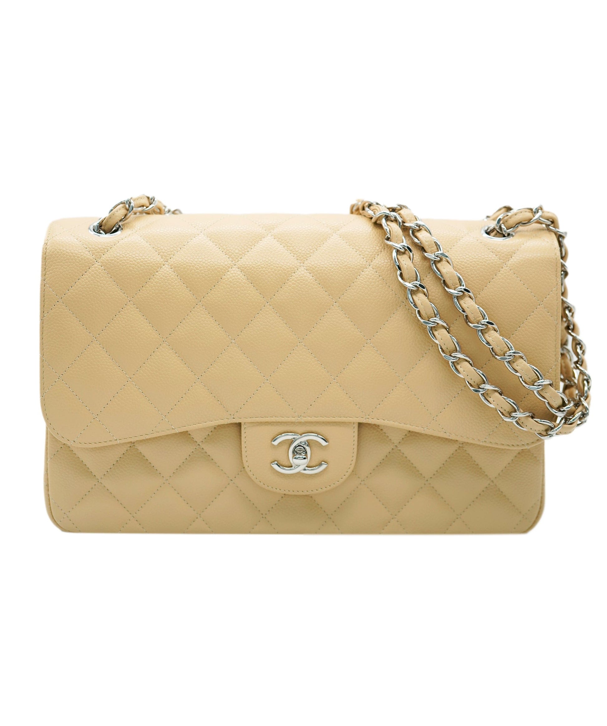 Chanel Caviar Beige Jumbo With Silver Hardware In Box  DBXS1040