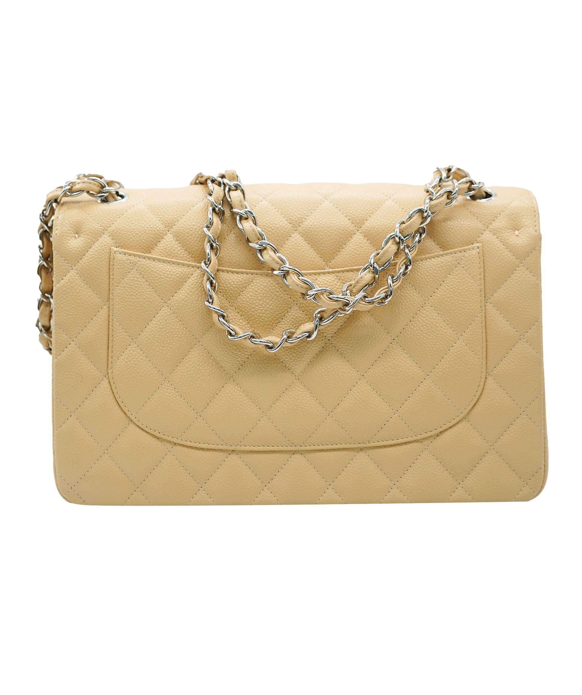 Chanel Caviar Beige Jumbo With Silver Hardware In Box  DBXS1040