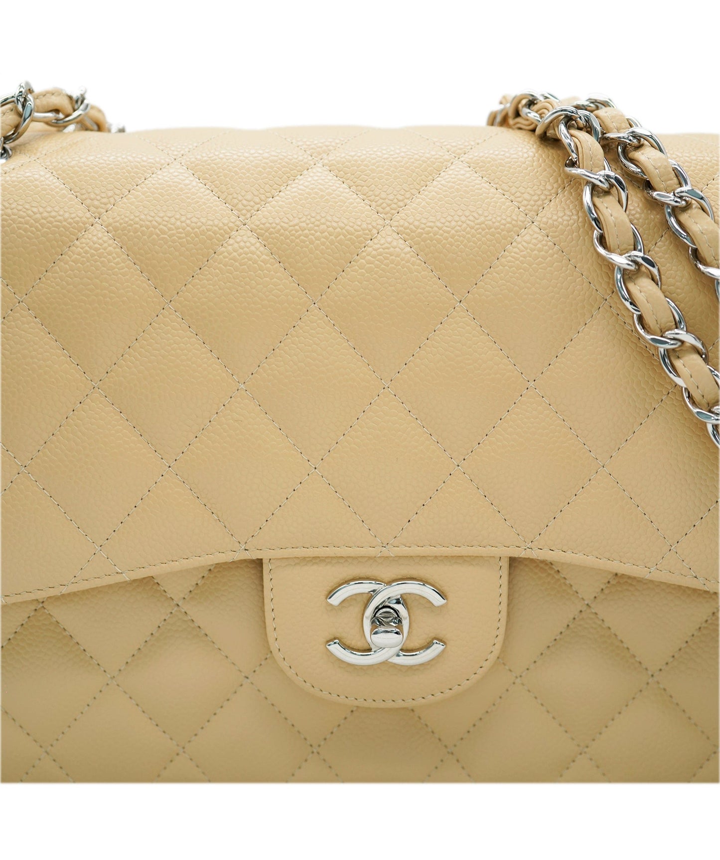 Chanel Caviar Beige Jumbo With Silver Hardware In Box  DBXS1040