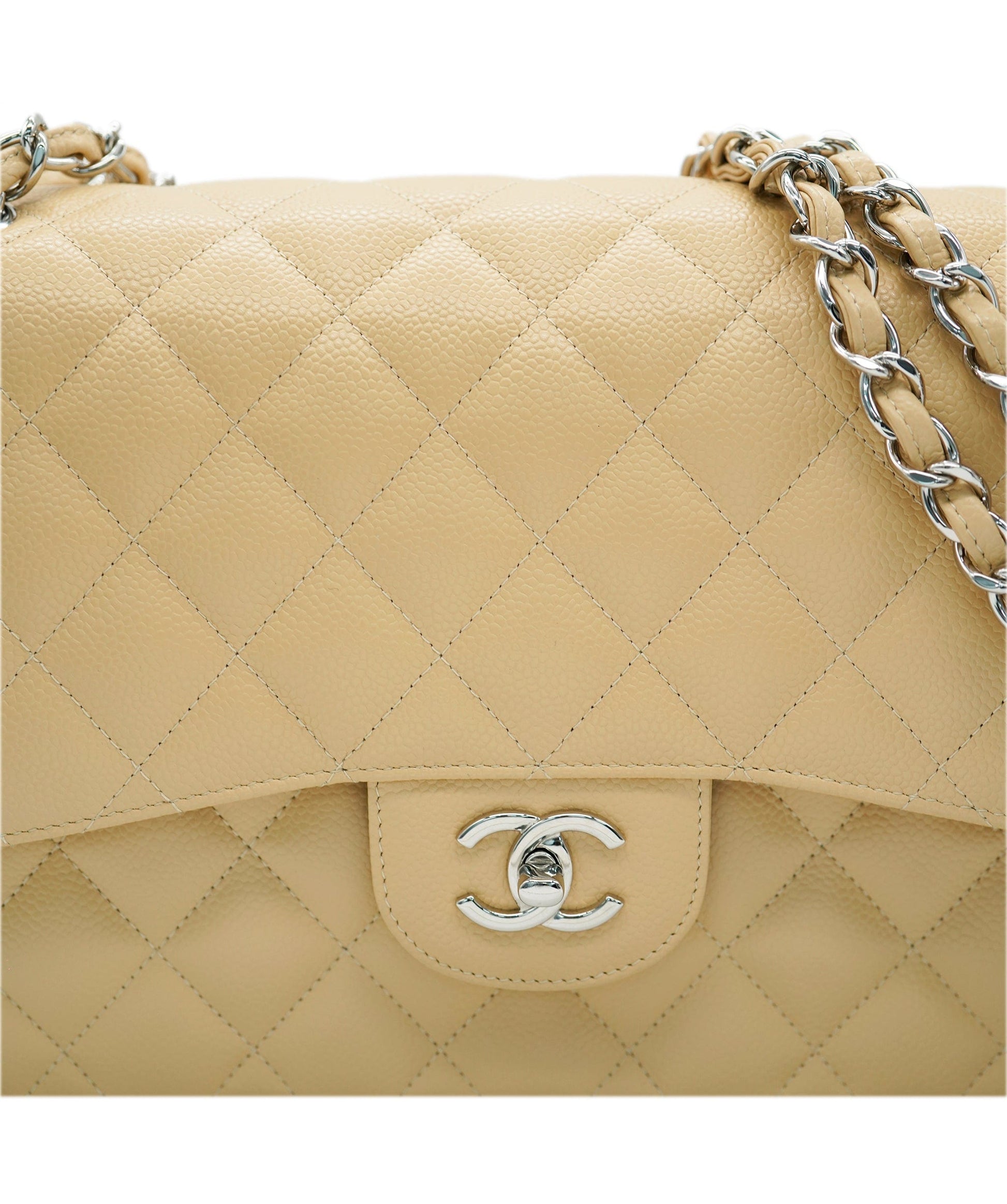 Chanel Caviar Beige Jumbo With Silver Hardware In Box  DBXS1040