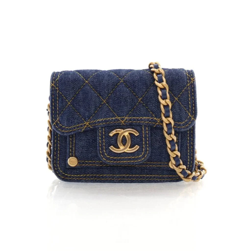 Chanel Double You CC Flap Clutch with Chain Quilted Blue Denim L-DHRLZG