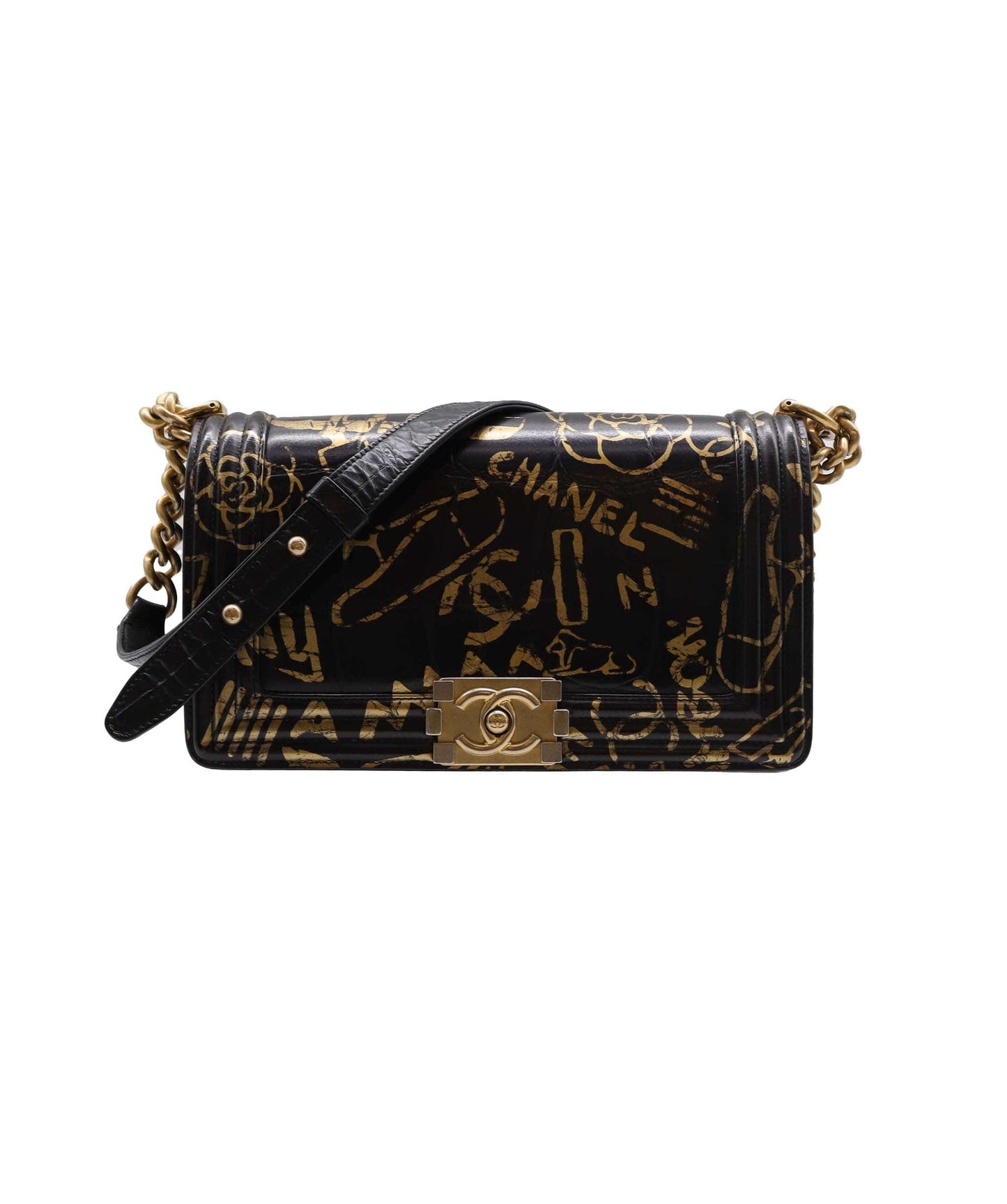 Chanel 19A Egypt Black Crocodile Print Graffiti Boy Bag - DXBS2294