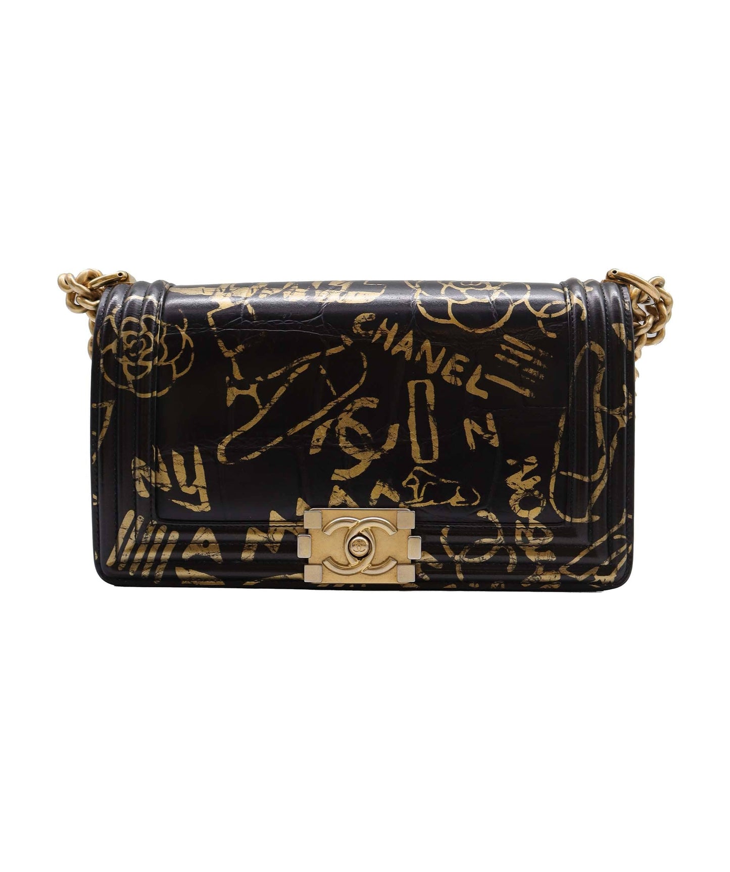 Chanel 19A Egypt Black Crocodile Print Graffiti Boy Bag - DXBS2294
