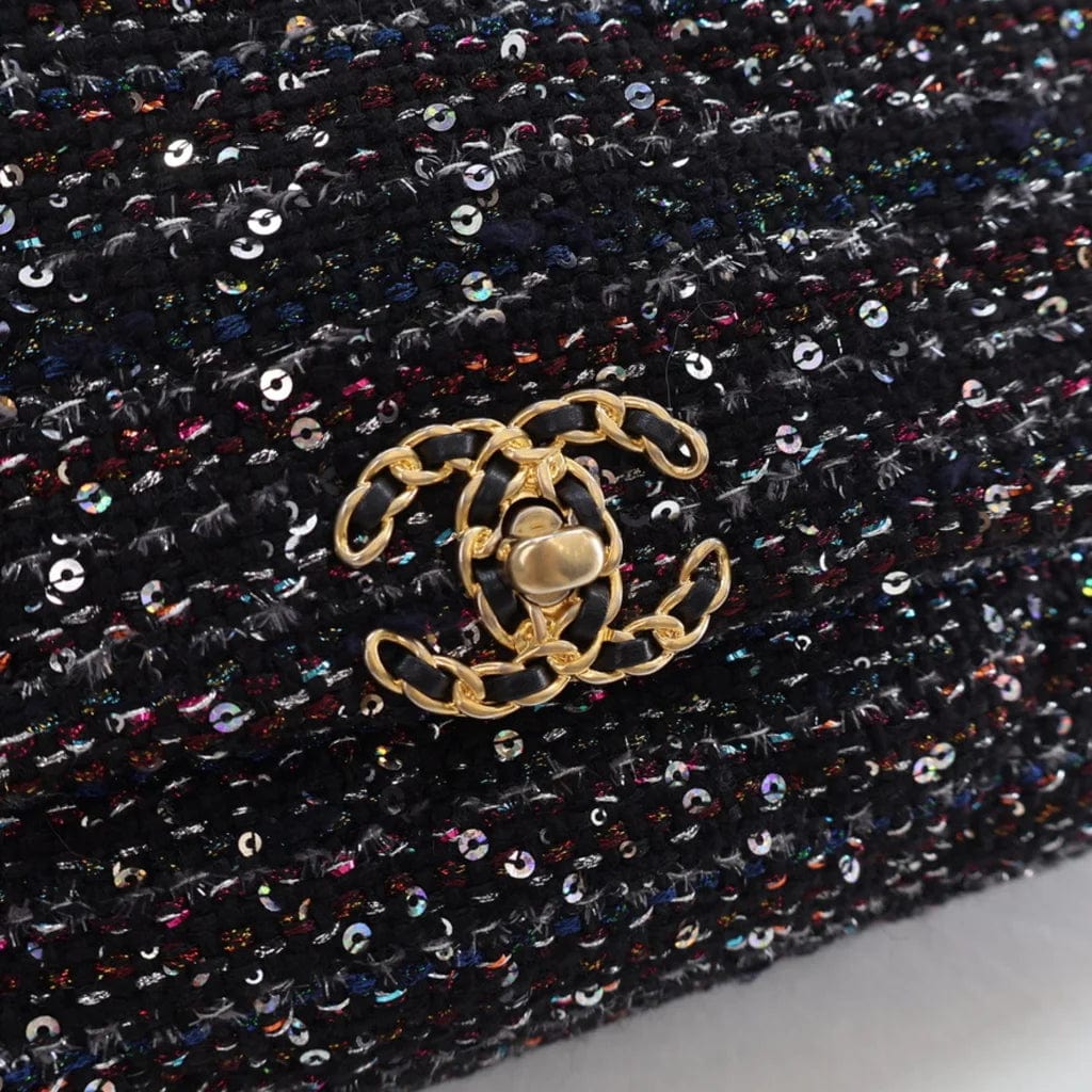 Chanel Maxi Black Multicolor Tweed Sequin Quilted Chanel 19 Flap L-S0GIYG