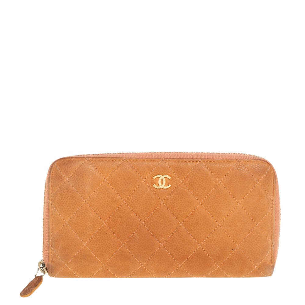 Chanel Orange Quilted Caviar Suede CC Zip Around Wallet RJC4375