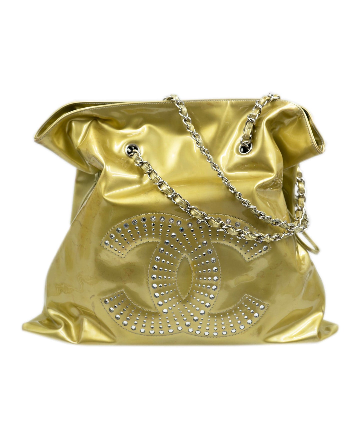 Chanel vinyl gold tote bag with large CC logo crystal diamante detailing. AGC1371