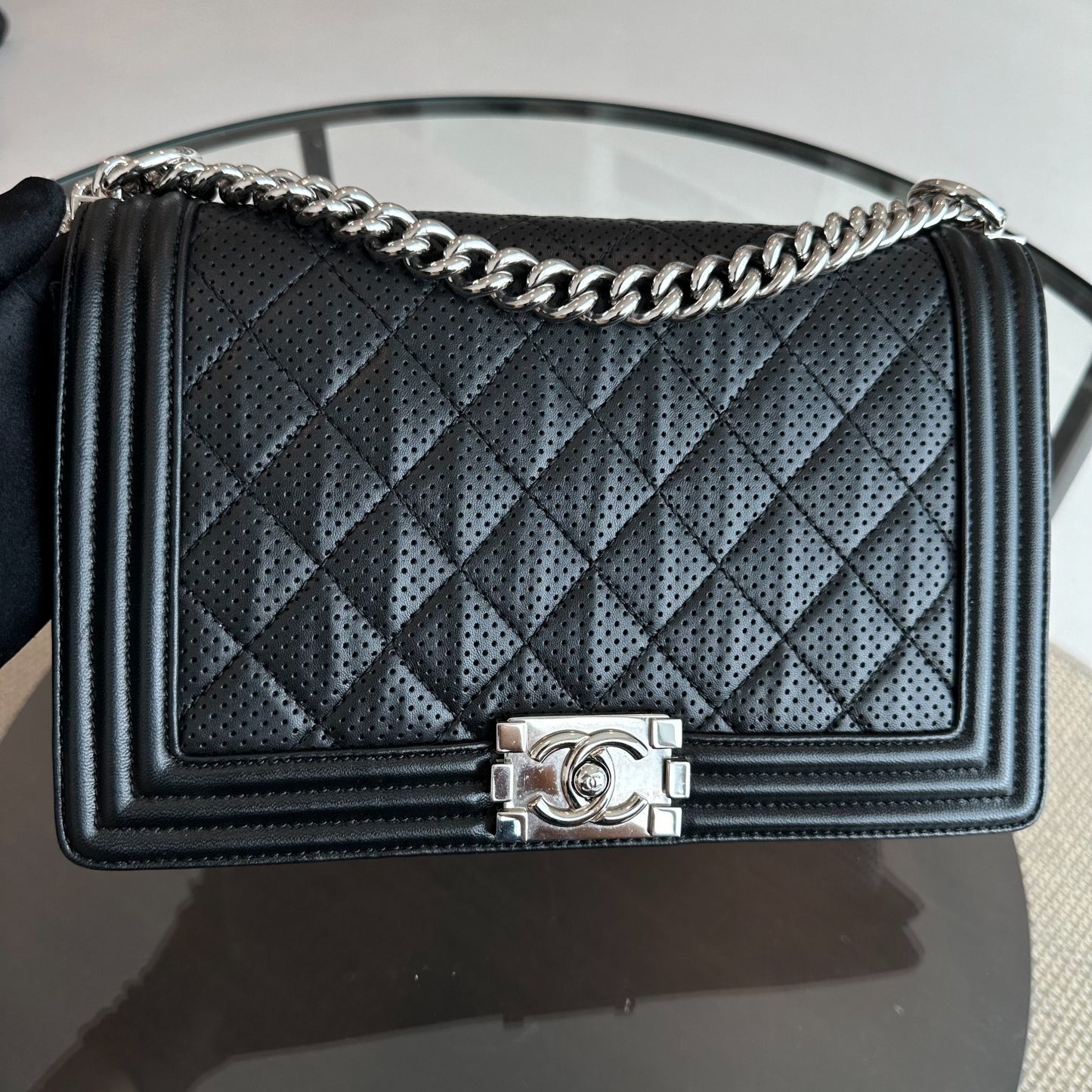 Chanel Boy Medium - 28CM Perforated Quilted Lambskin Leboy Black SHW No 19