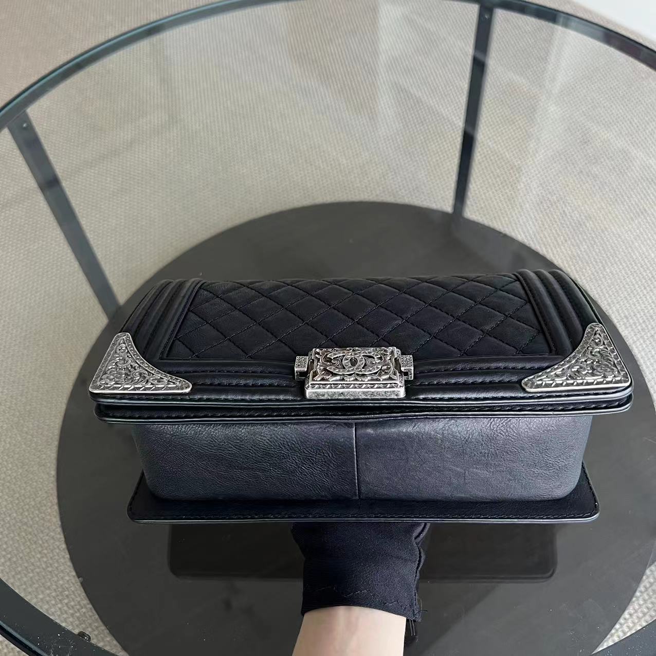 Chanel Boy Medium - 25CM Paris-Dallas Metal Edge Grained Calfskin Black Silver Hardware Series 19