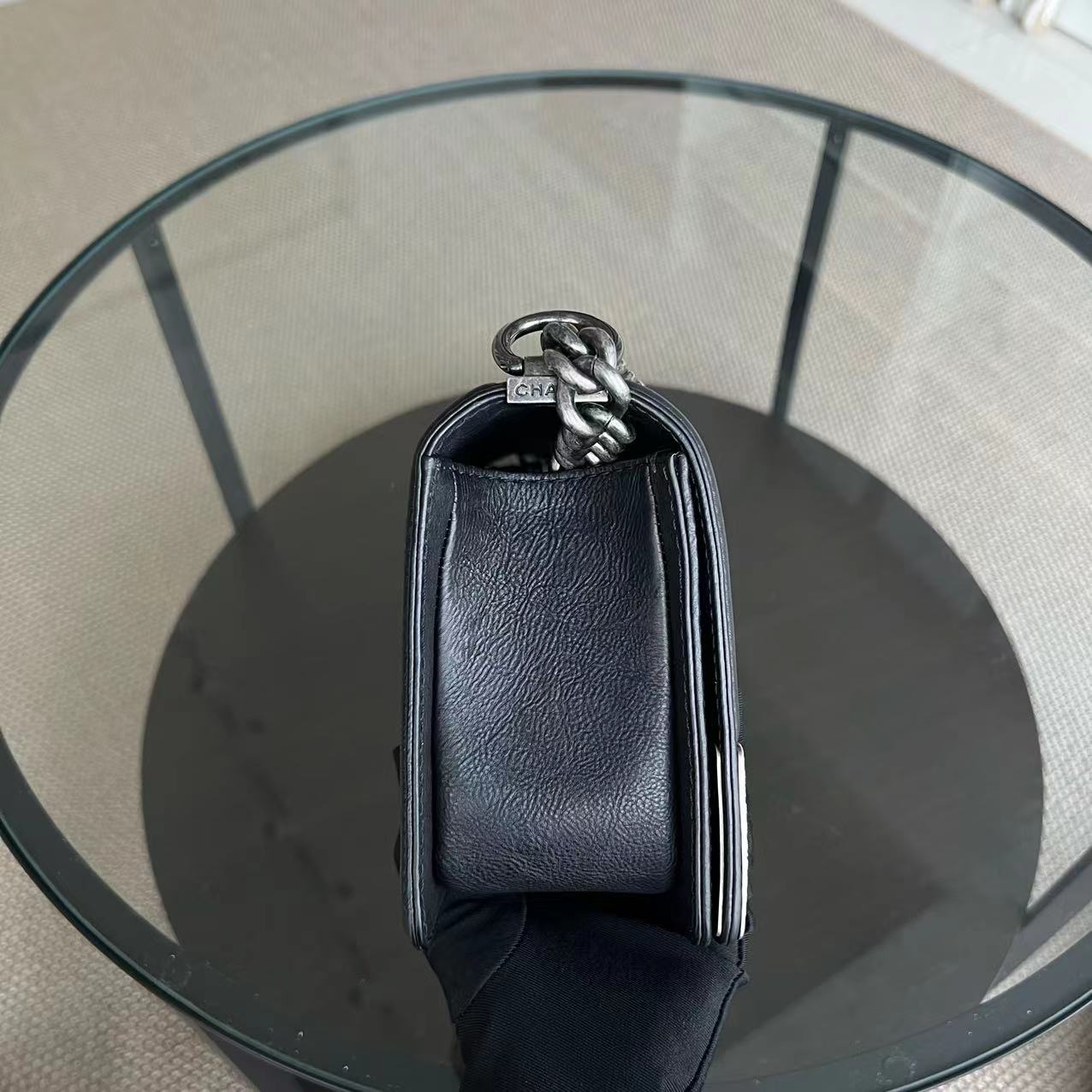 Chanel Boy Medium - 25CM Paris-Dallas Metal Edge Grained Calfskin Black Silver Hardware Series 19