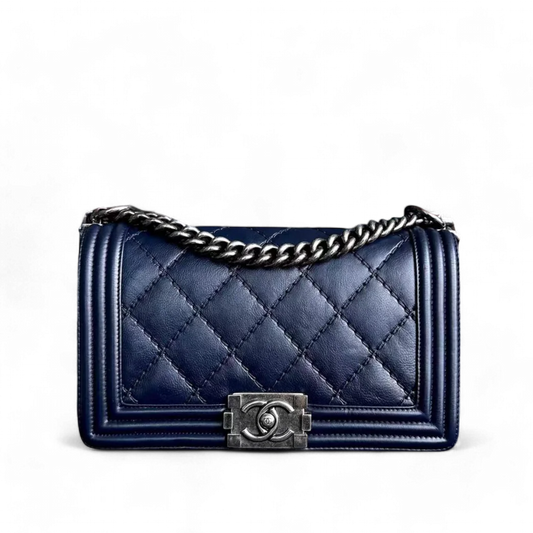 Chanel Boy Old Medium 25CM Quilted Calfskin Dark Blue RSHW No 19