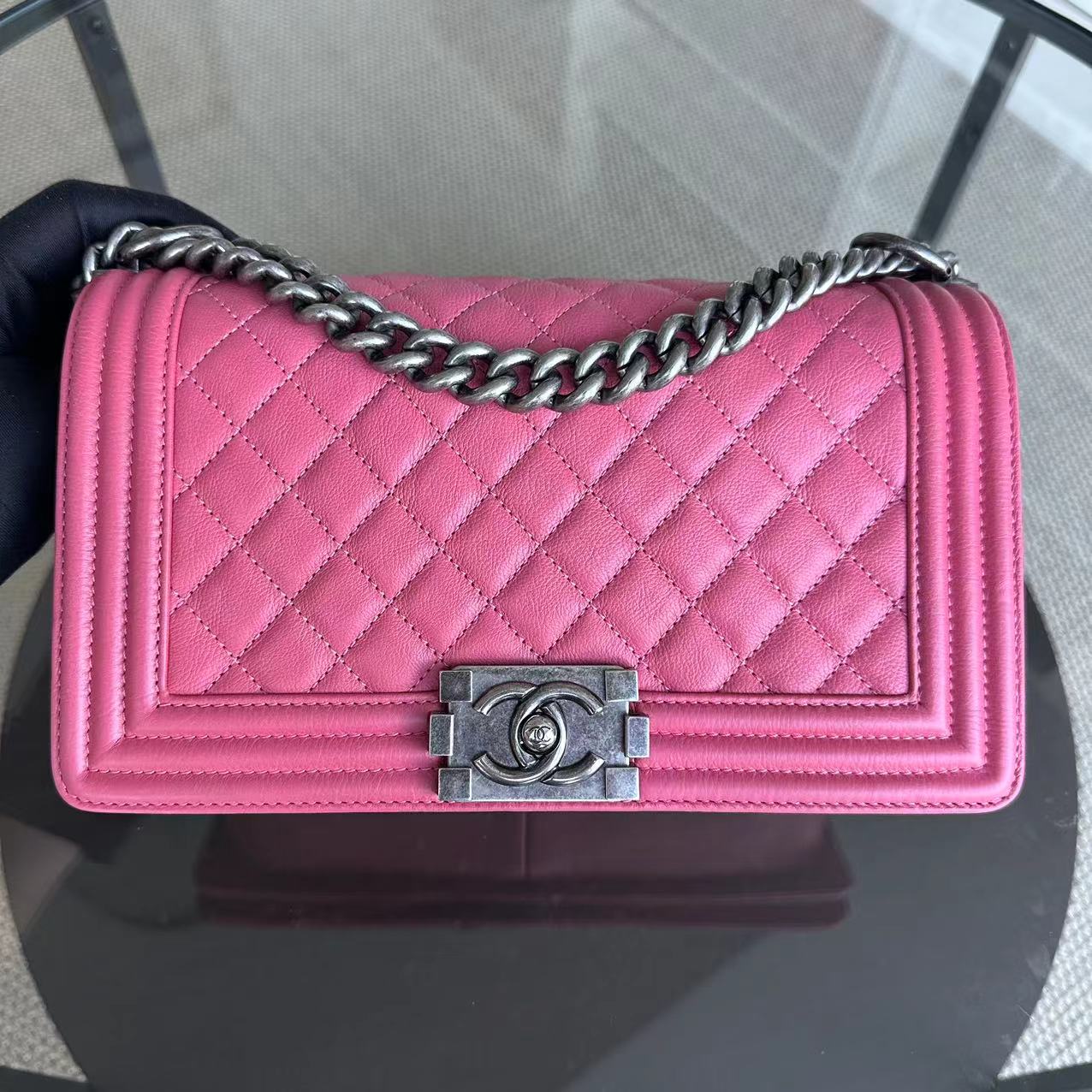 Chanel Boy Medium - Calfskin 25CM Quilted Grained Calfskin Leboy Pink RSHW No 17