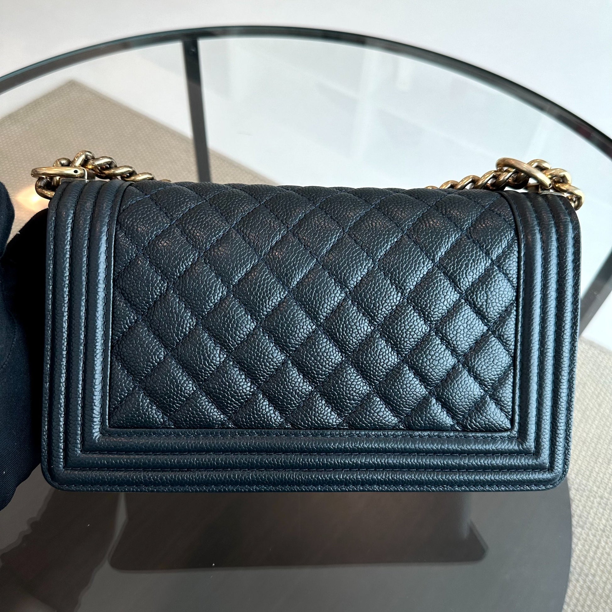Chanel Boy Medium - Caviar Old Medium 25CM Quilted Leboy Dark Blue Ruthenium Gold Hardware Series 19