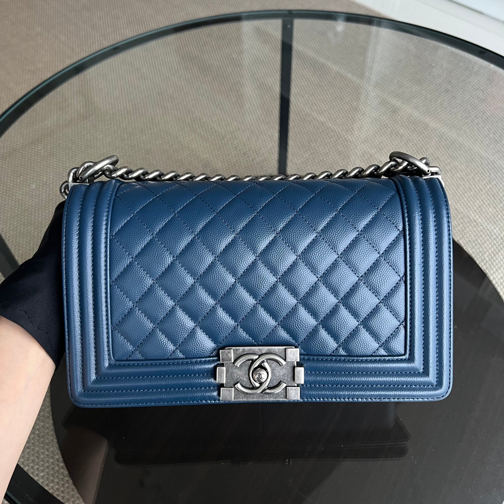 Chanel Caviar Boy Old Medium 25CM Quilted Grained Calfskin Dark Blue Leboy Ruthenium Silver Hardware Series 25