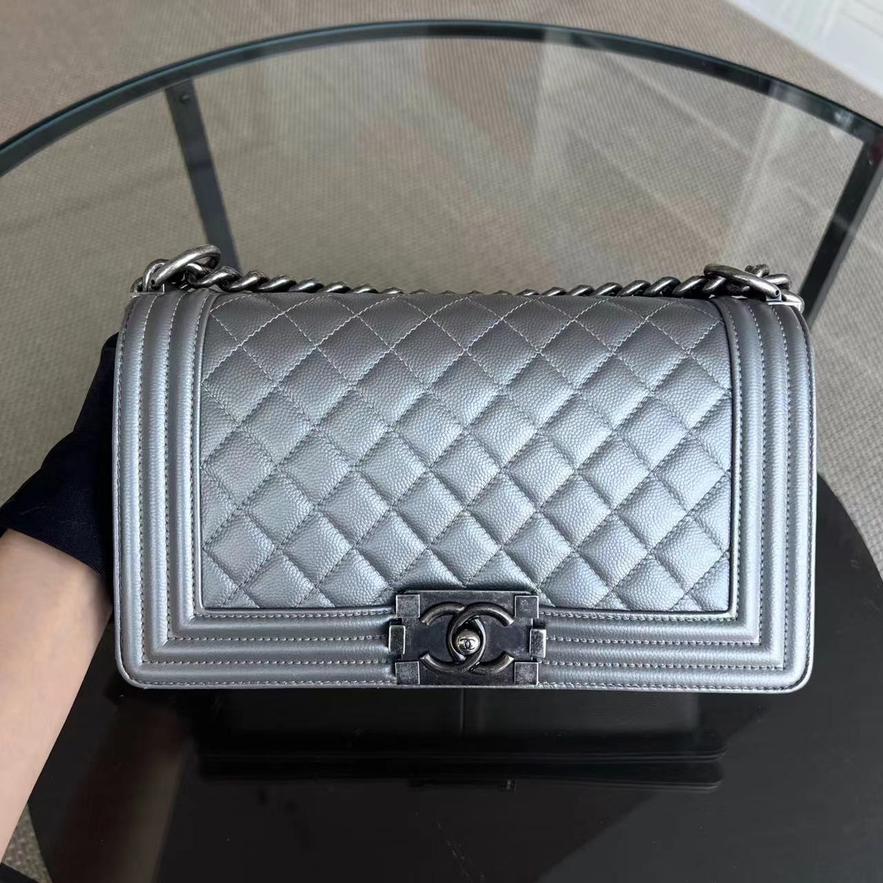 Chanel Boy Medium - Caviar 25CM Quilted Grained Calfskin Silver Ruthenium Silver Hardware Series 24