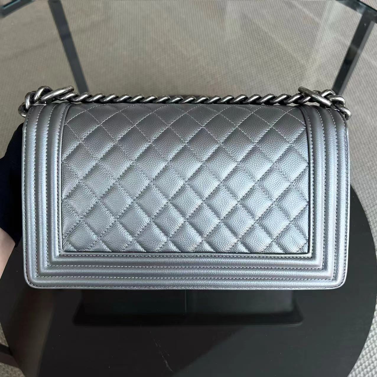 Chanel Boy Medium - Caviar 25CM Quilted Grained Calfskin Silver Ruthenium Silver Hardware Series 24