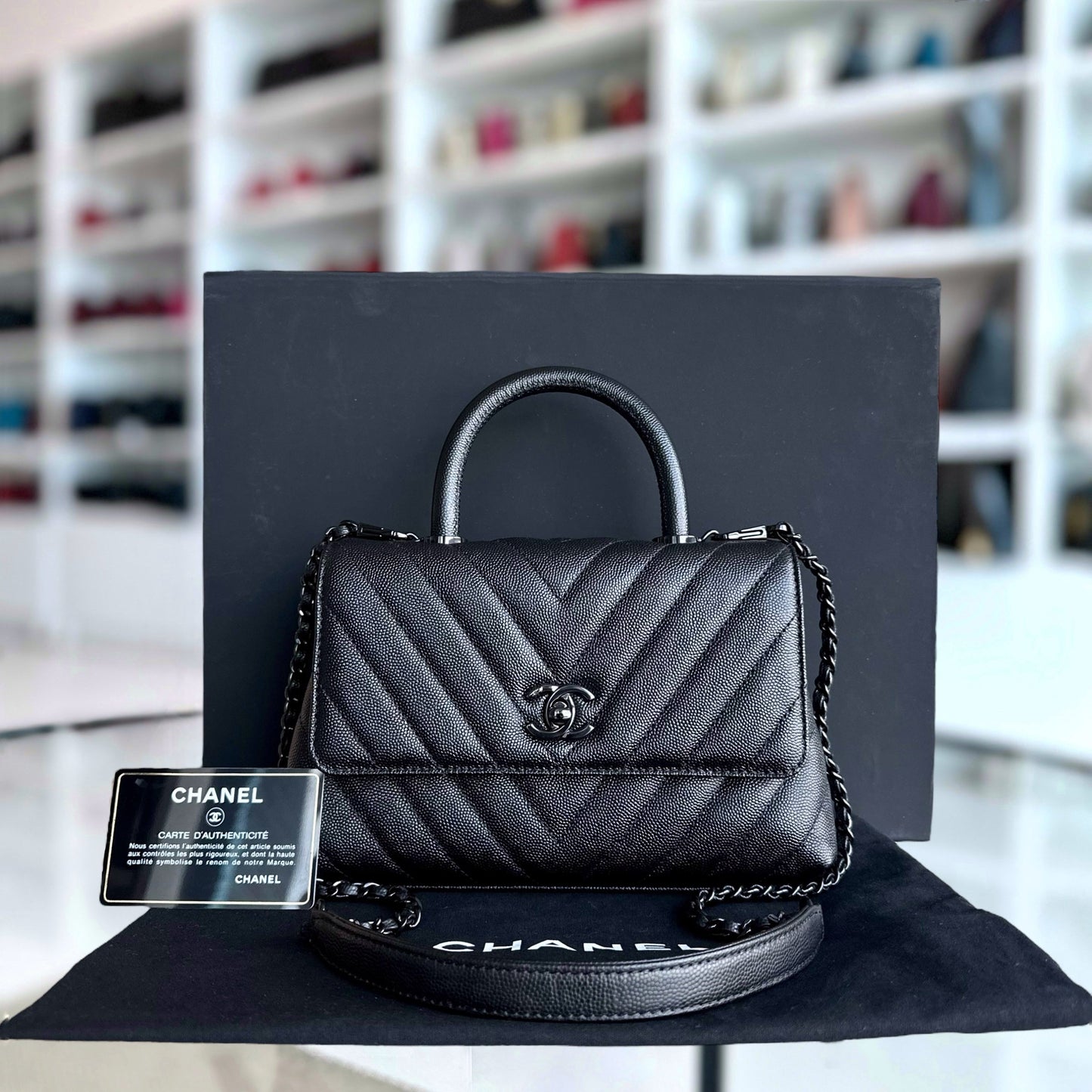 Chanel Coco Handle - Small Caviar Chevron Grained Calfskin Black Black Hardware Series 26