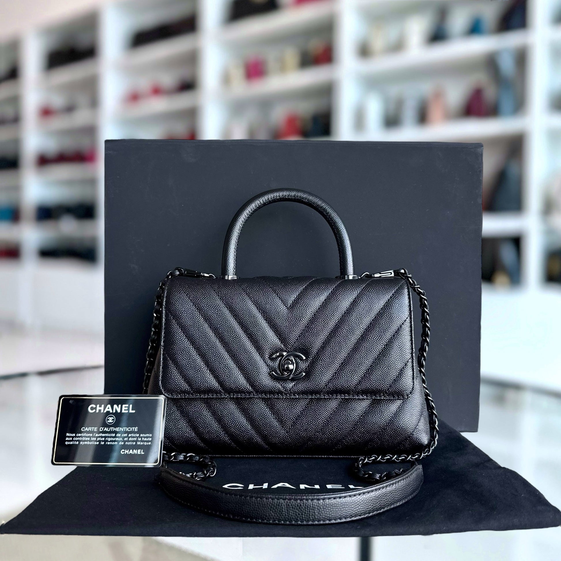 Chanel Coco Handle - Small Caviar Chevron Grained Calfskin Black Black Hardware Series 26