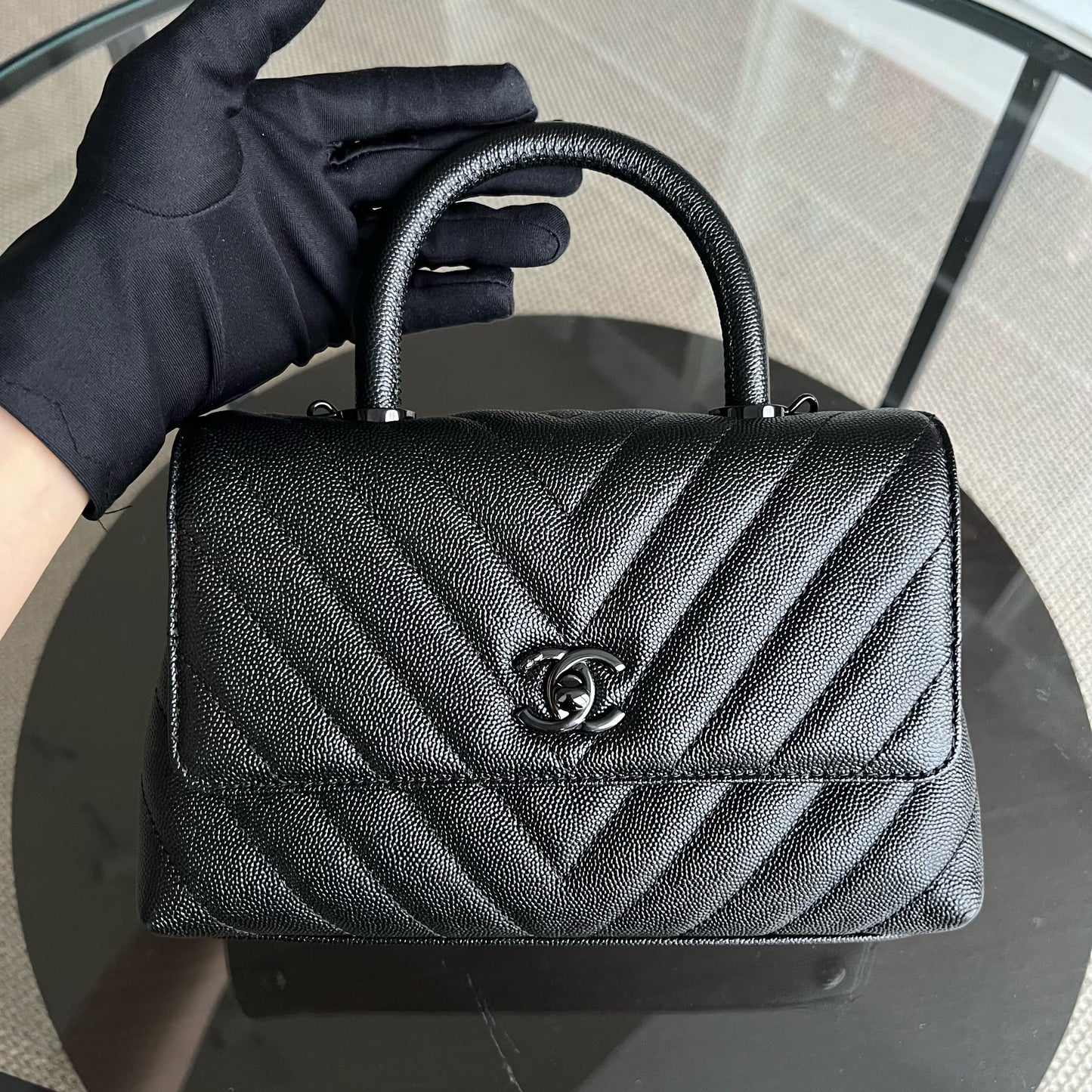 Chanel Coco Handle - Small Caviar Chevron Grained Calfskin Black Black Hardware Series 26