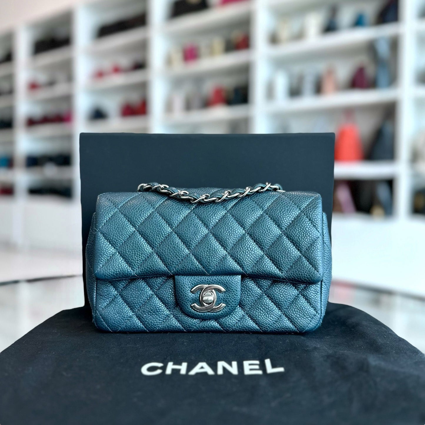 Chanel Classic Flap Mini - 20CM Caviar Rectangular Iridescent Dark Blue Silver Hardware Series 20