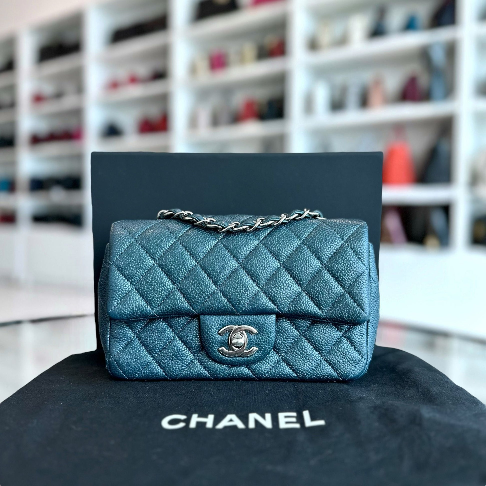 Chanel Classic Flap Mini - 20CM Caviar Rectangular Iridescent Dark Blue Silver Hardware Series 20