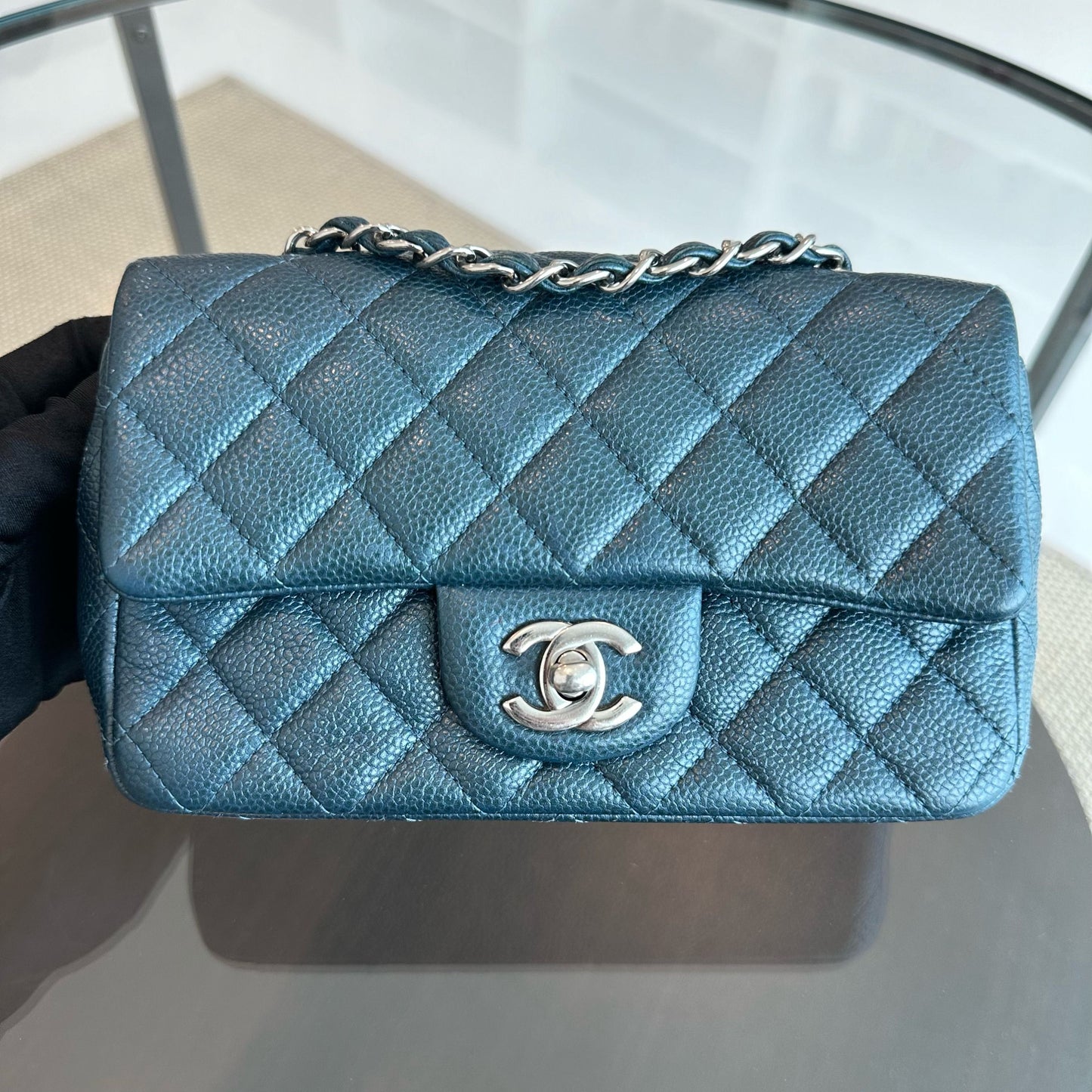 Chanel Classic Flap Mini - 20CM Caviar Rectangular Iridescent Dark Blue Silver Hardware Series 20