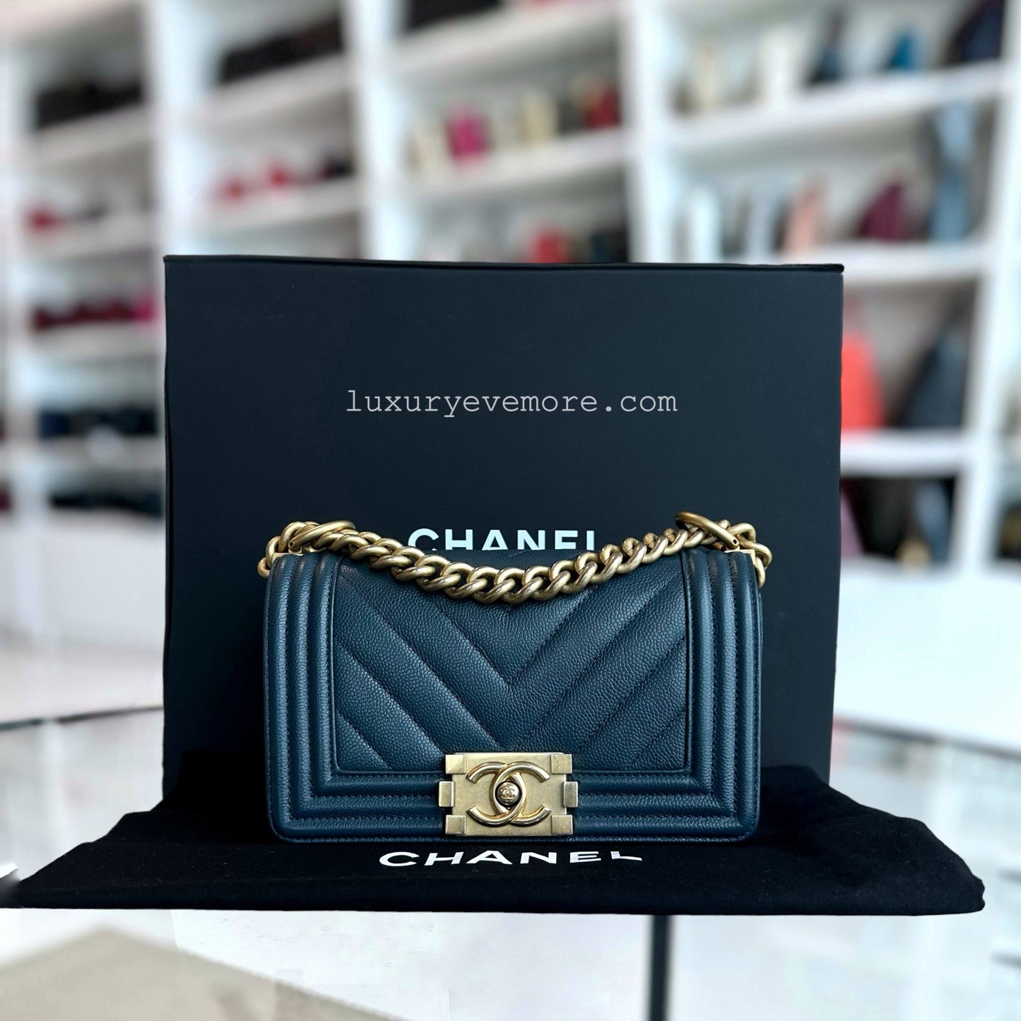 Chanel Boy Small - Caviar 20CM Chevron Grained Calfskin Dark Blue Leboy Gold Hardware Series 25