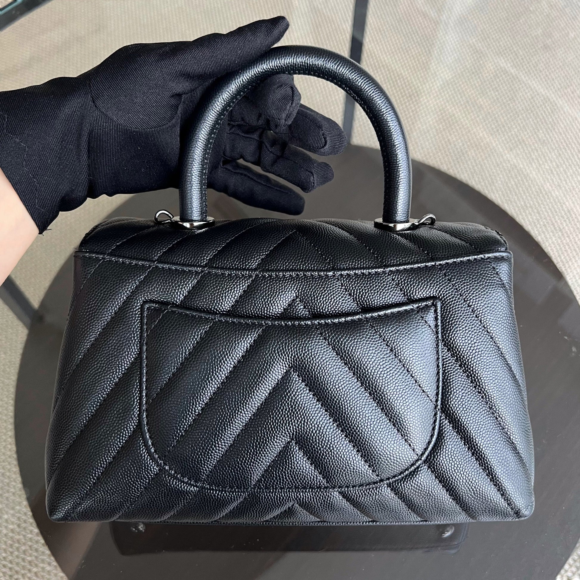 Chanel Coco Handle Small - Caviar Chevron Grained Calfskin Black Ruthenium Silver Hardware Series 28