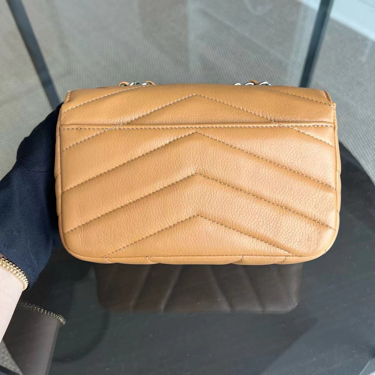 Chanel Mini Square Flap - Caviar V Stitch Chevron Seasonal Calfskin Light Brown SHW No 24