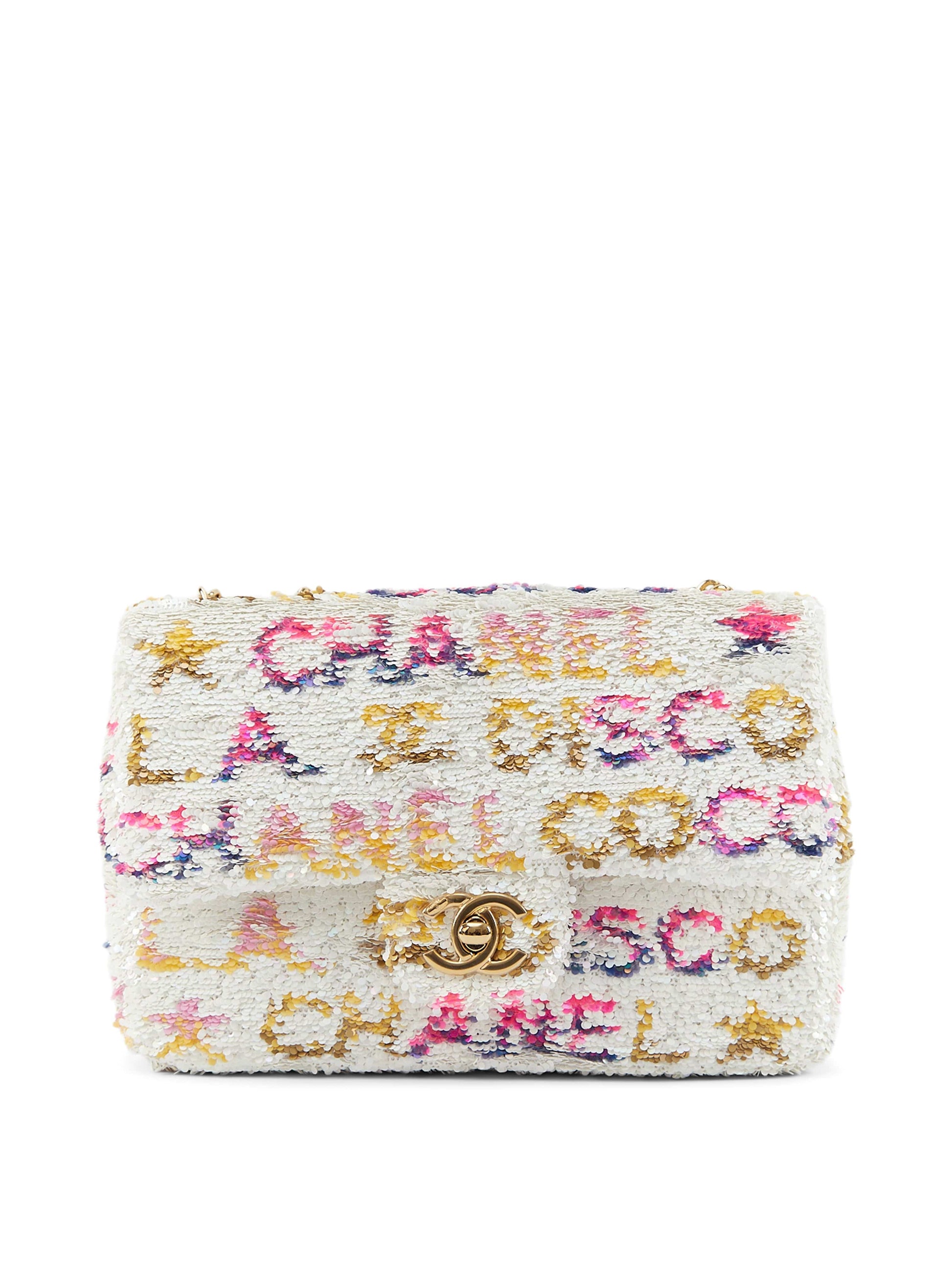 CHANEL MINI RECTANGLE DISCO FLAP BAG WHITE, YELLOW & PINK Sequins & Calfskin with Gold-Tone Hardware