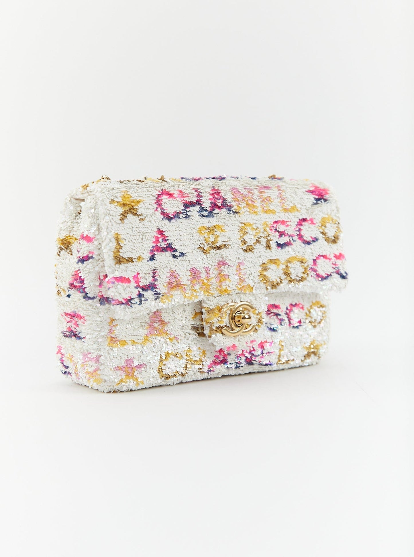 CHANEL MINI RECTANGLE DISCO FLAP BAG WHITE, YELLOW & PINK Sequins & Calfskin with Gold-Tone Hardware